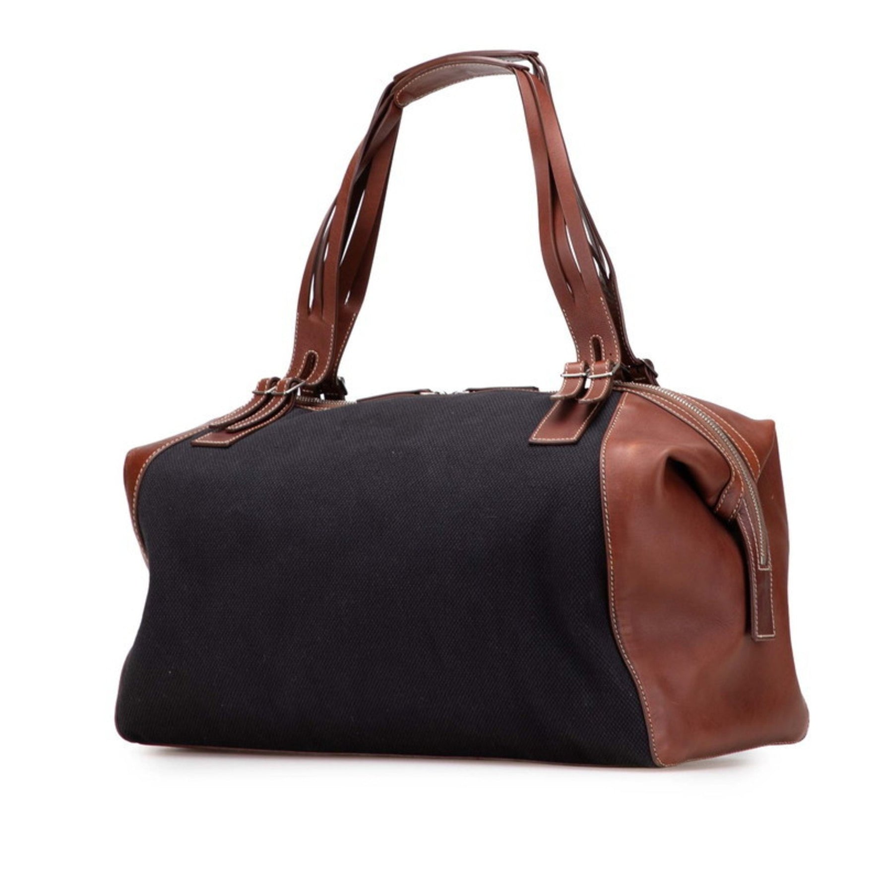 Celine logo tote bag in black and brown canvas leather .