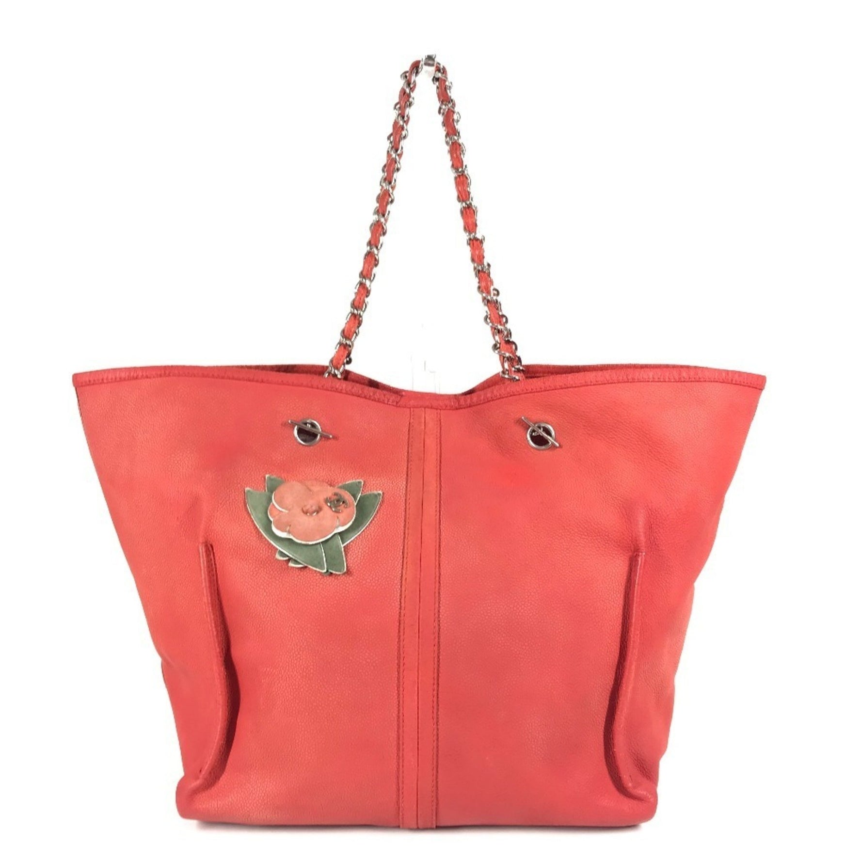 CHANEL Double Chain Bag with Pouch, CC Logo, Coco Mark, Flower Design, Leather Shoulder Bag, Red