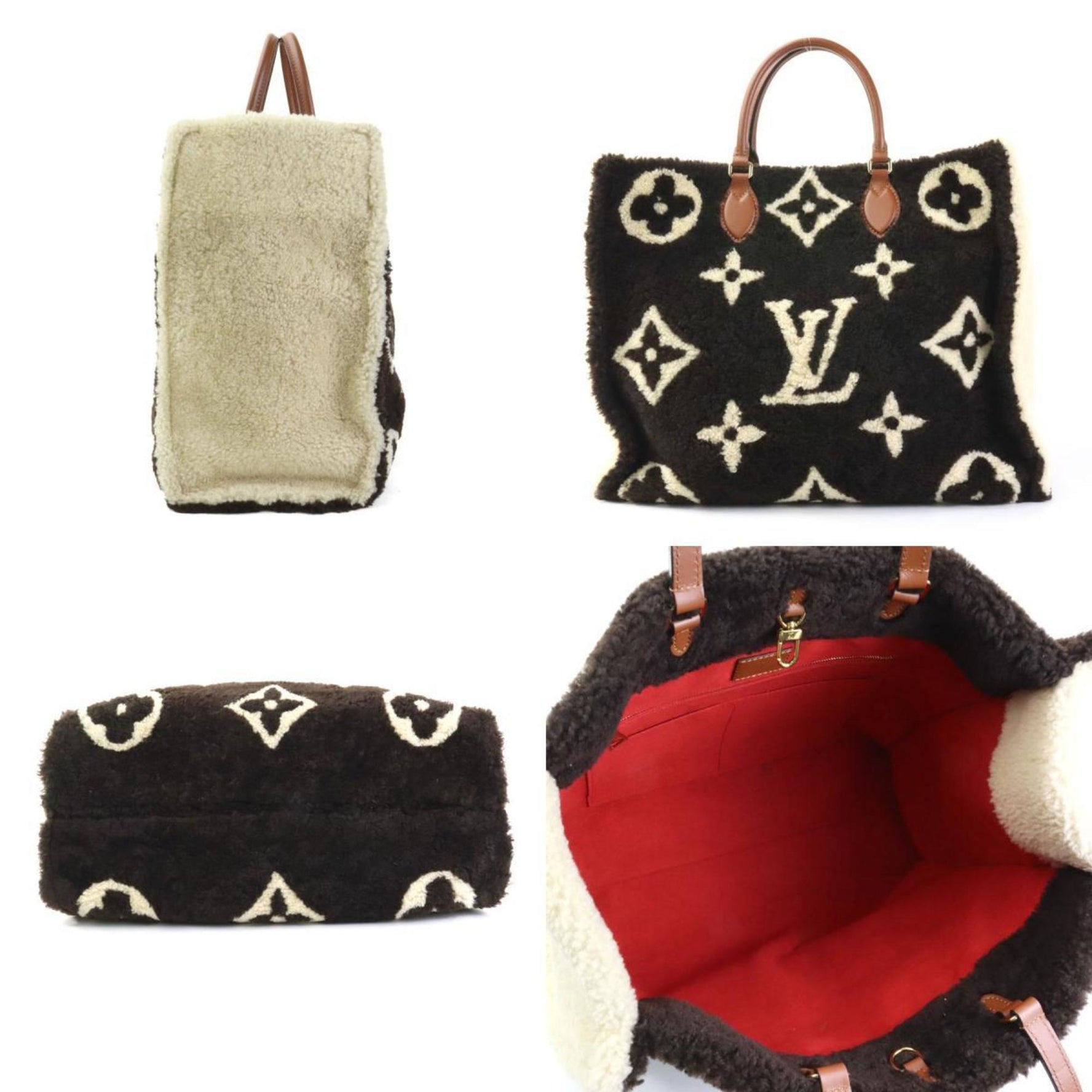 Louis Vuitton LOUIS VUITTON Handbag Monogram Teddy On the Go GM Shearling Brown x Beige Men's