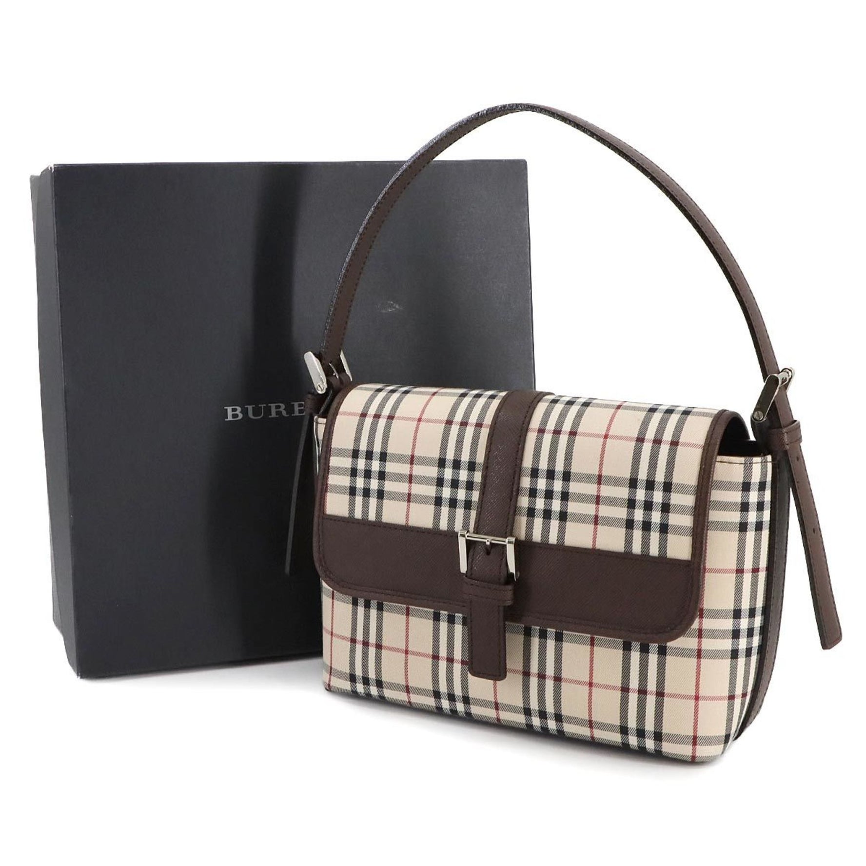 Burberry Nova Check Shoulder Bag in Canvas and Leather with Beige, Brown, Silver Hardware