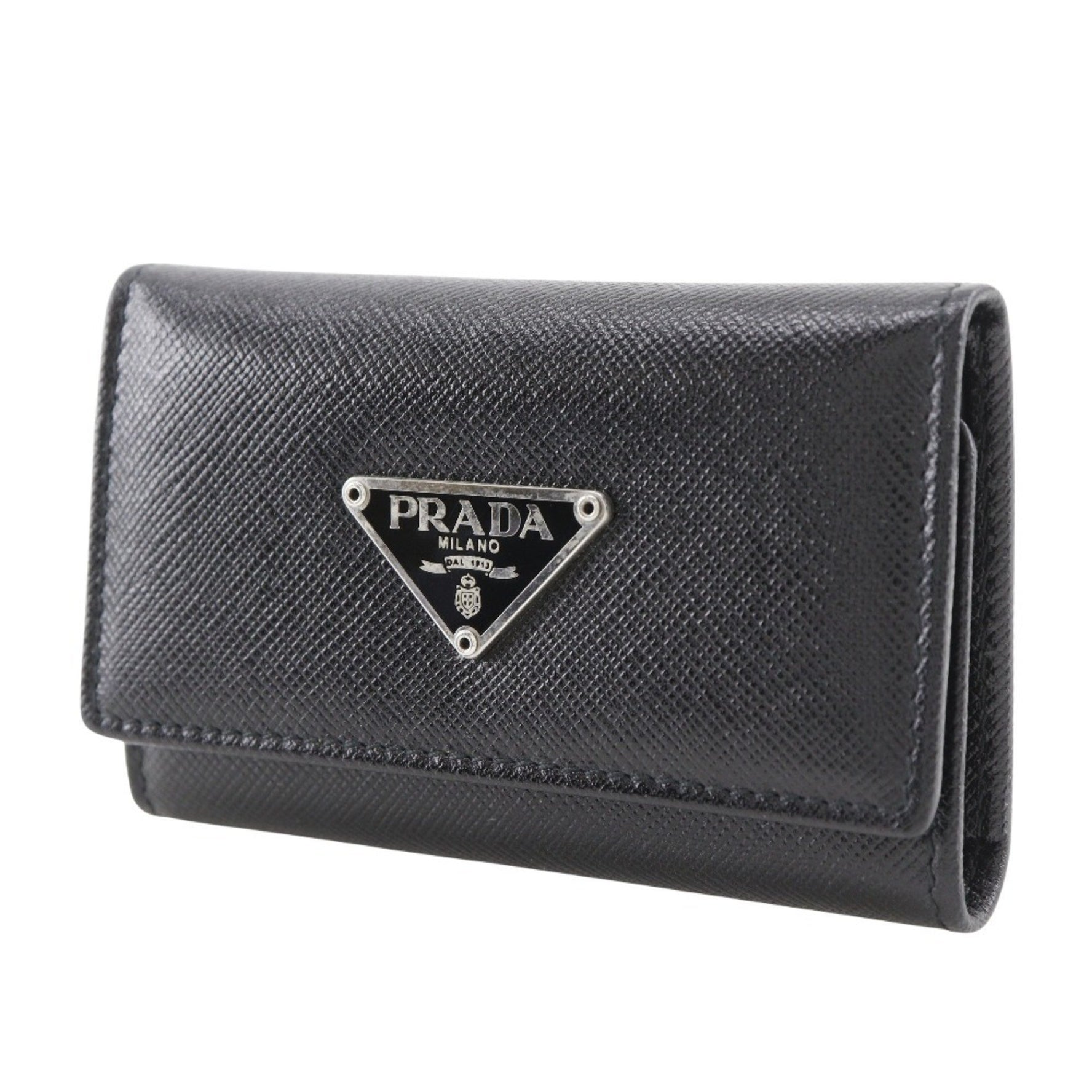 Prada Saffiano triangular key case, leather with snap closure, unisex