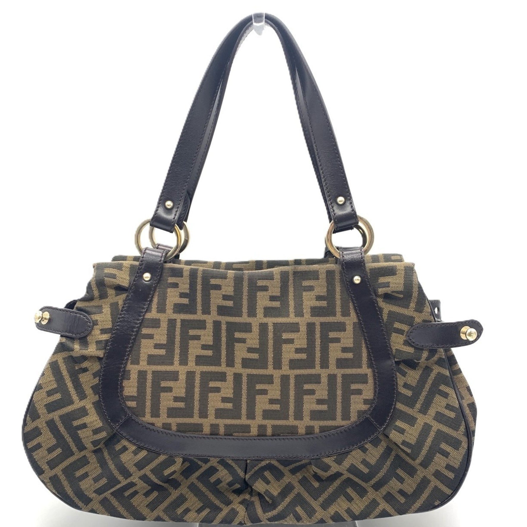 FENDI ZUCCA Tote Bag Canvas x Calfskin Khaki Dark Brown