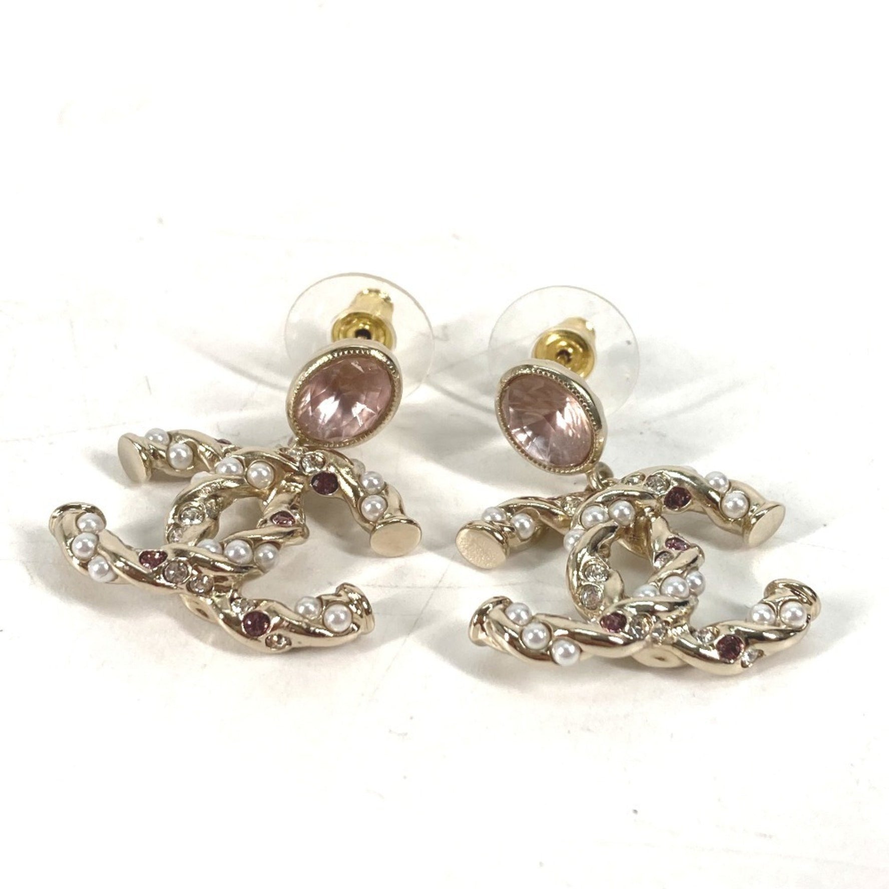 CHANEL CC Coco Mark Rhinestone and Faux Pearl Earrings, Metal, Gold, Like New