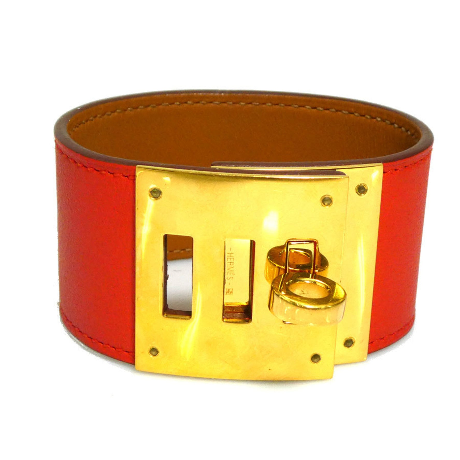 Hermes Kelly Dog Bracelet Leather Metal Orange Red Gold