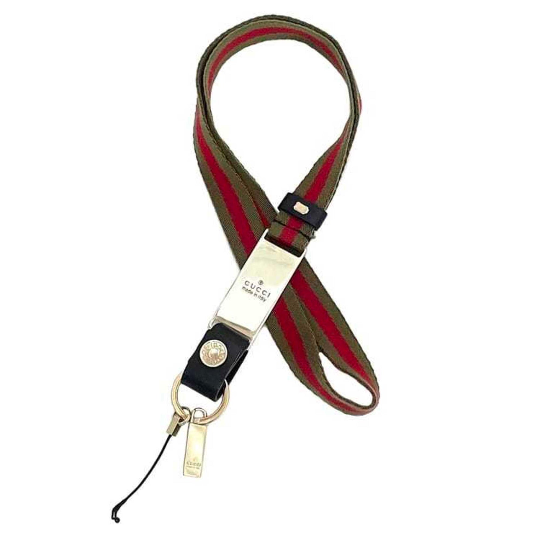 Gucci neck strap khaki green, red, gold, and sherry (039 2194 1089), canvas leather. GP women.