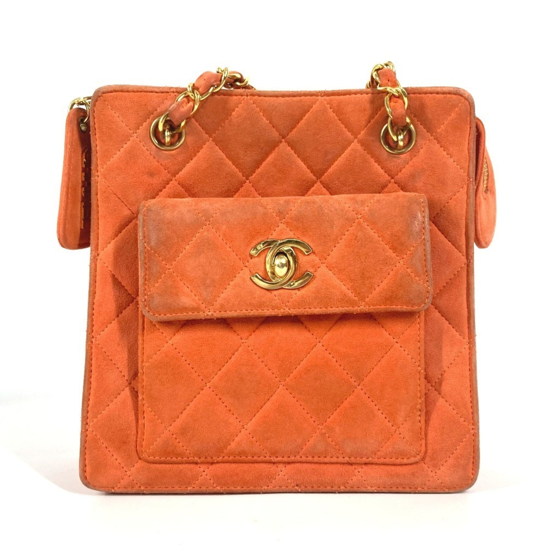 CHANEL Vintage CC Coco Mark Matelasse Quilted Chain Shoulder Bag Handbag Suede Women's Orange