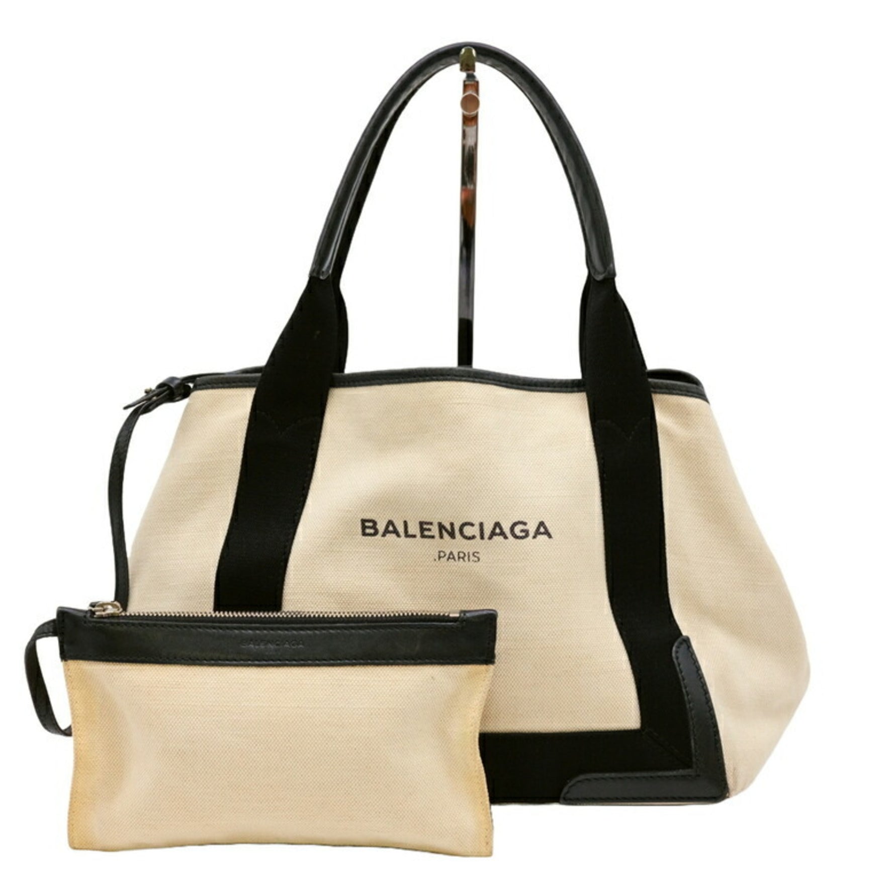 BALENCIAGA Navy Cabas S Tote Bag Leather Canvas Women's White Ivory