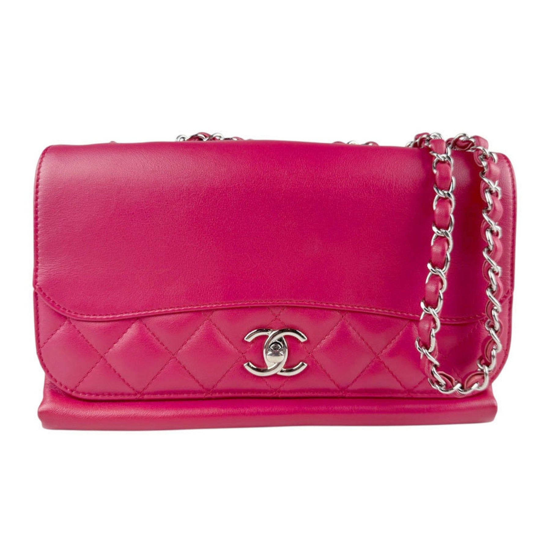 CHANEL Shoulder Bag Leather Metal Pink Red Silver