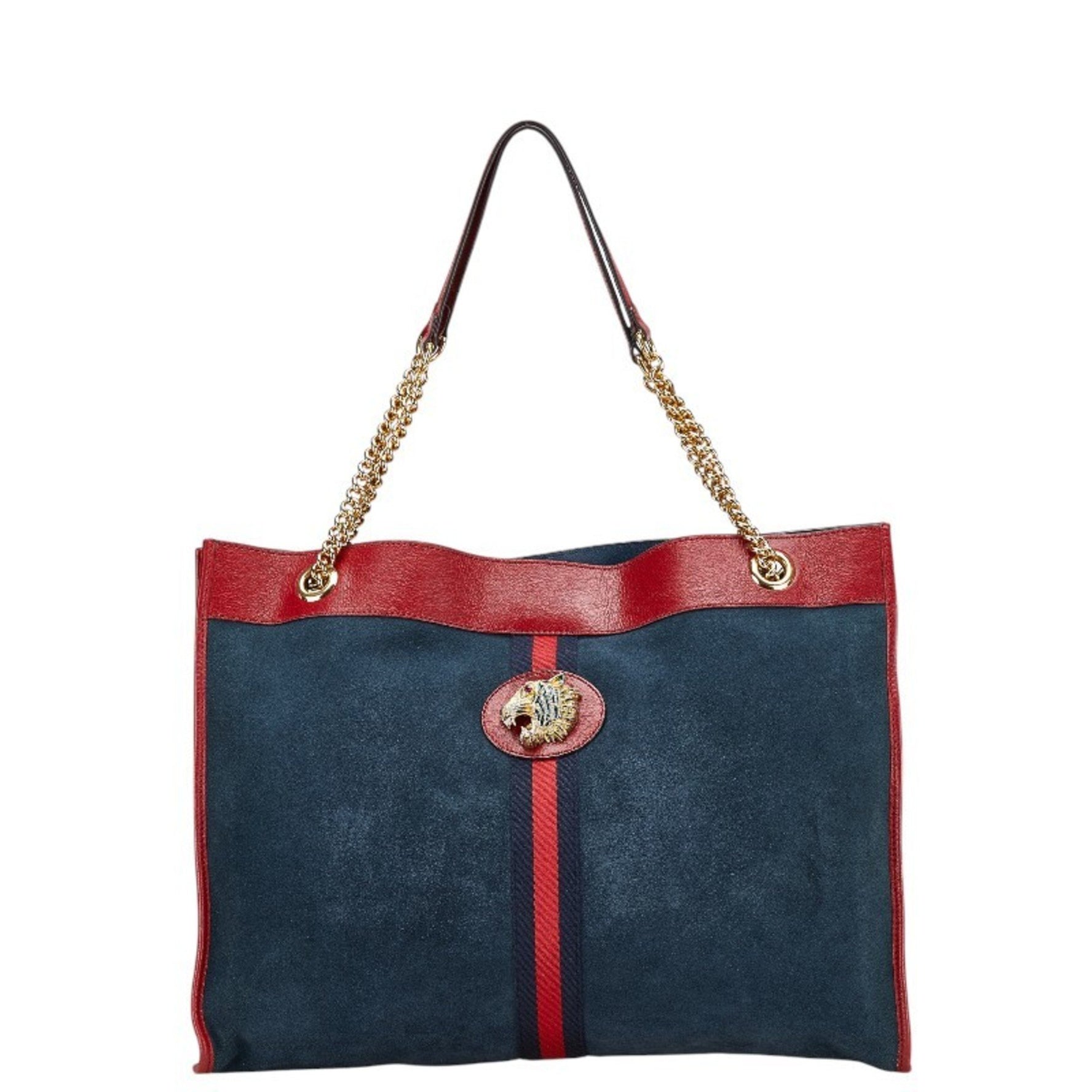 Gucci Sherry Line Raja Tiger Head Chain Tote Bag/Shoulder Bag Navy Red Leather Suede