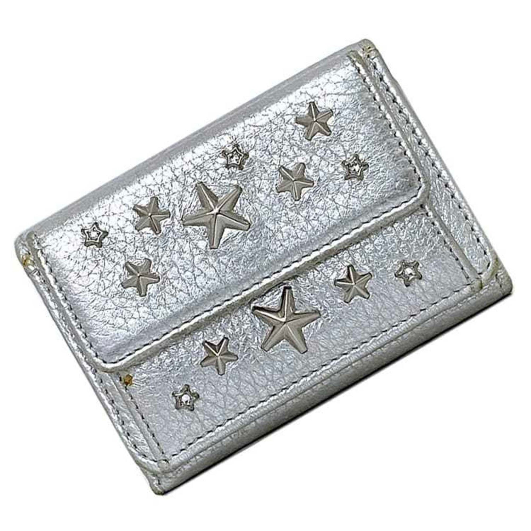 Jimmy Choo Tri-fold Wallet ec-23017 Silver WDS NEMO AA0009 Star Studs Leather JIMMY CHOO Rhinestone Folding Compact Mini Women's
