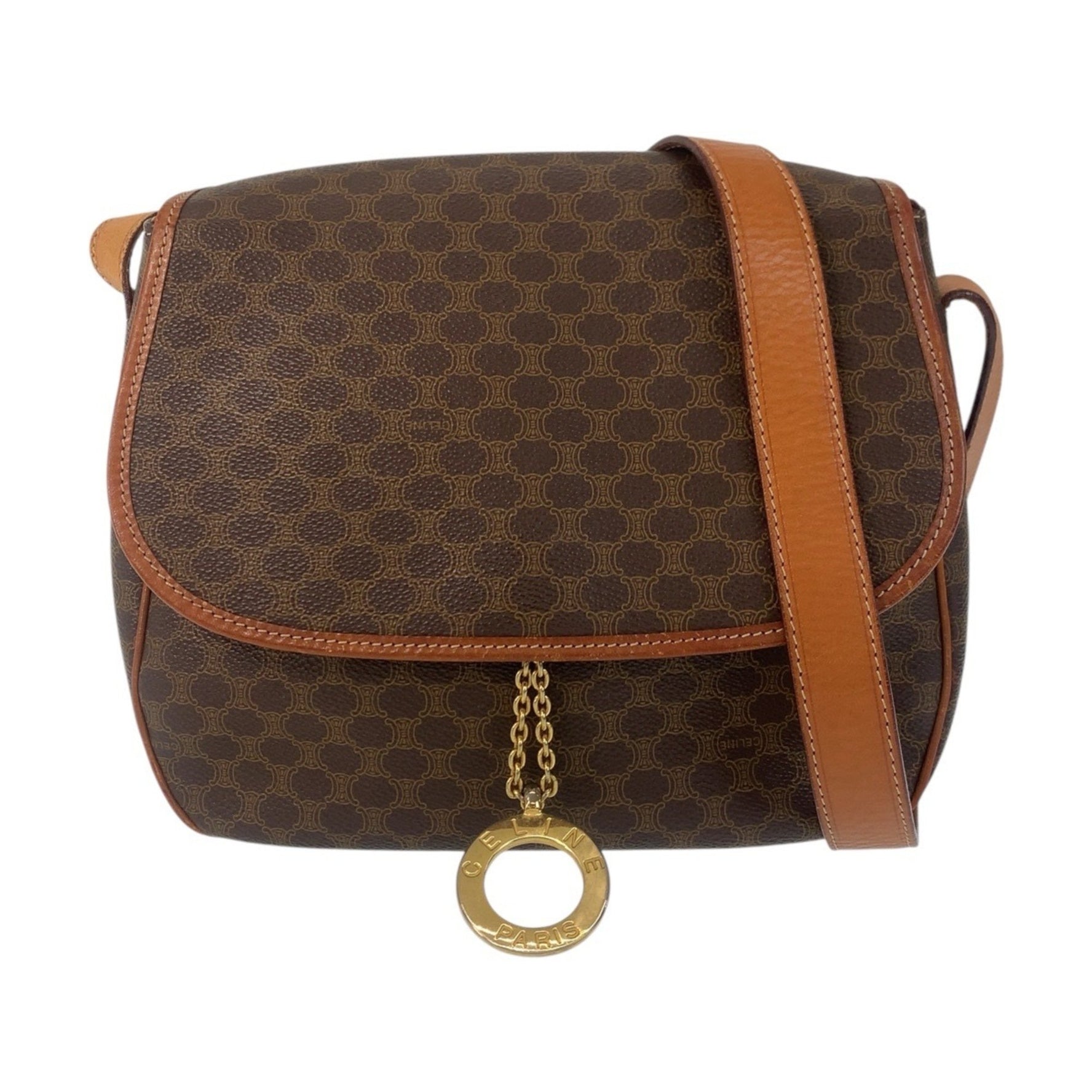 CELINE Vintage Macadam Circle Logo Metal Fittings Gold Leather Shoulder Bag Messenger