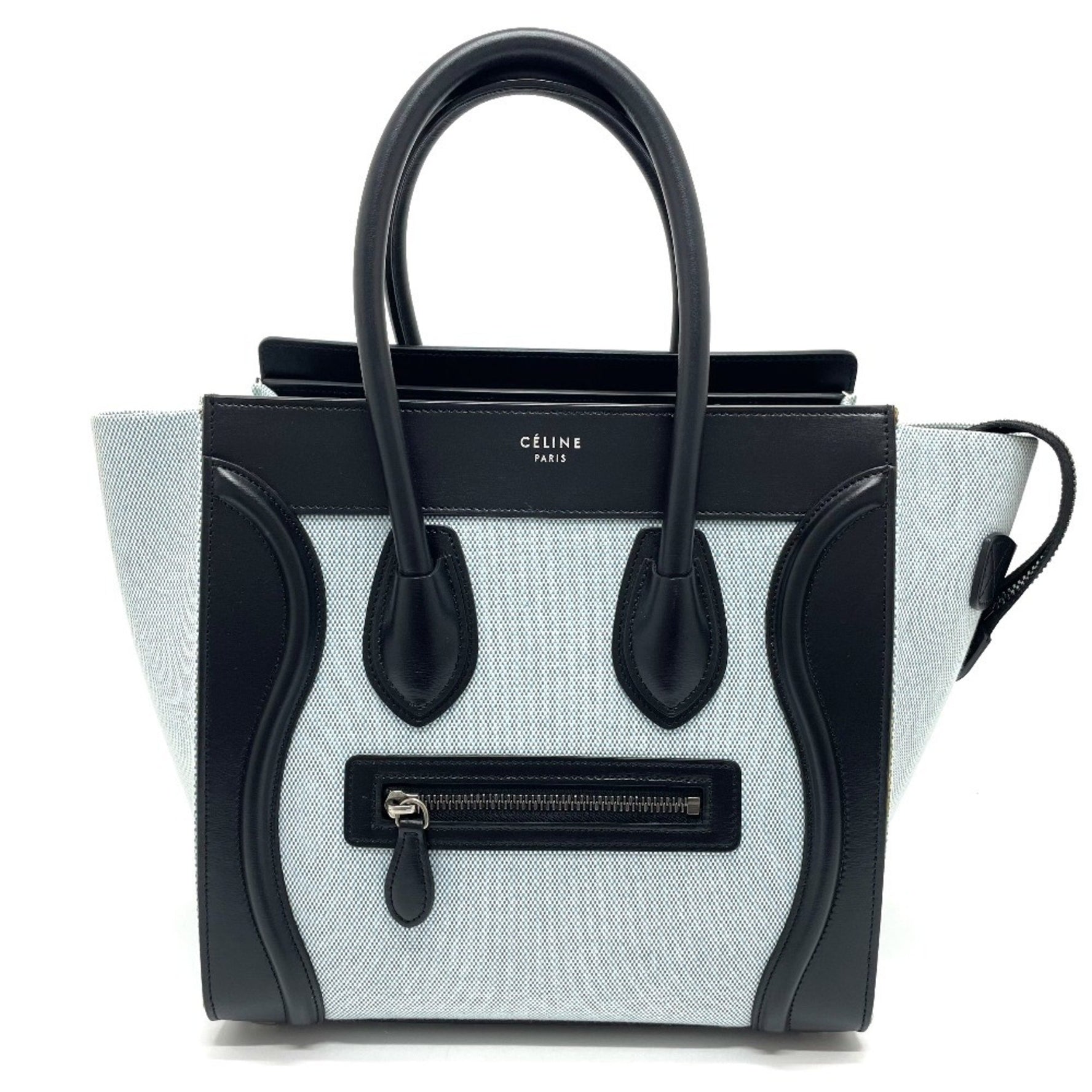 CELINE Luggage Micro Shopper Tote Bag, Leather/Canvas, Aqua Blue/Black