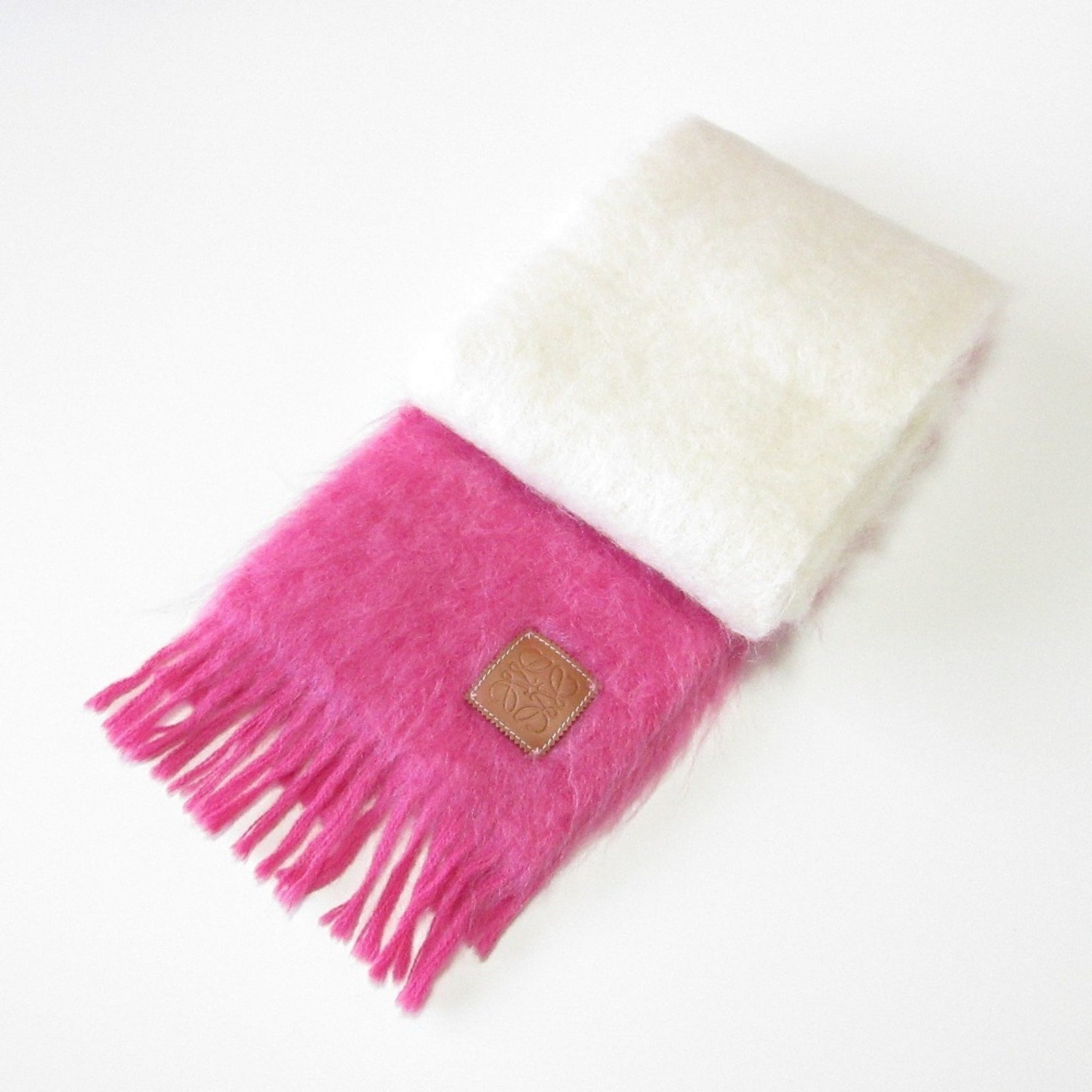 LOEWE Mohair Wool Anagram Patch Shaggy Scarf Pink White