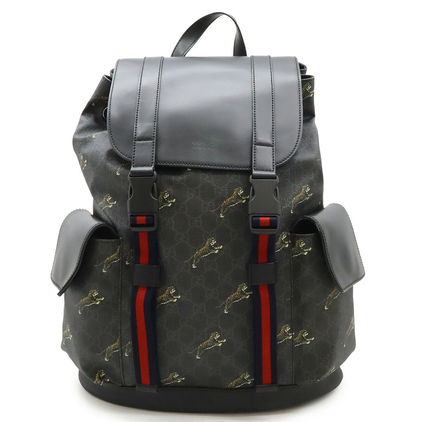 GUCCI Soft GG Supreme Sherry Line Backpack Tiger PVC Leather Black Grey