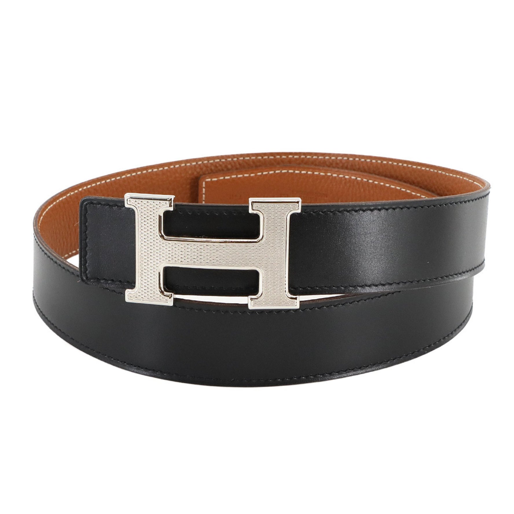 Hermes Hermès Constance H Belt, reversible, box calf leather, Togo black and gold, size 75, with guilloche detailing.