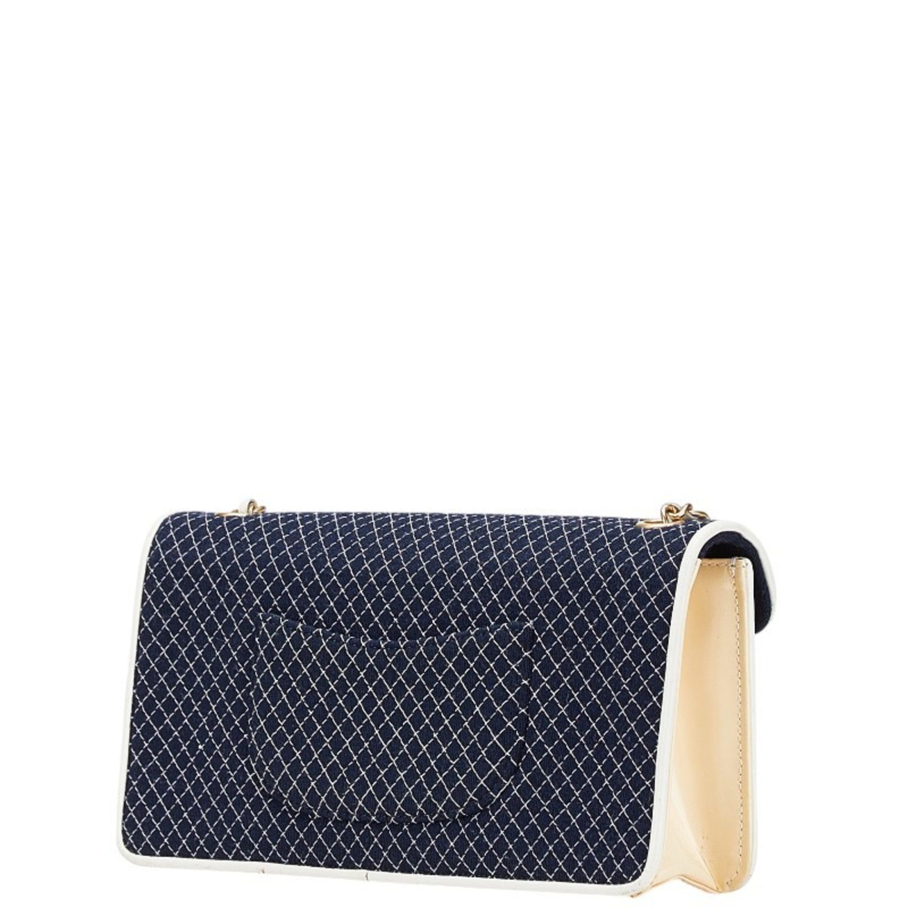 Chanel Coco Mark Quilted Chain Mini Shoulder Bag in Navy and White Canvas Patent Leather.
