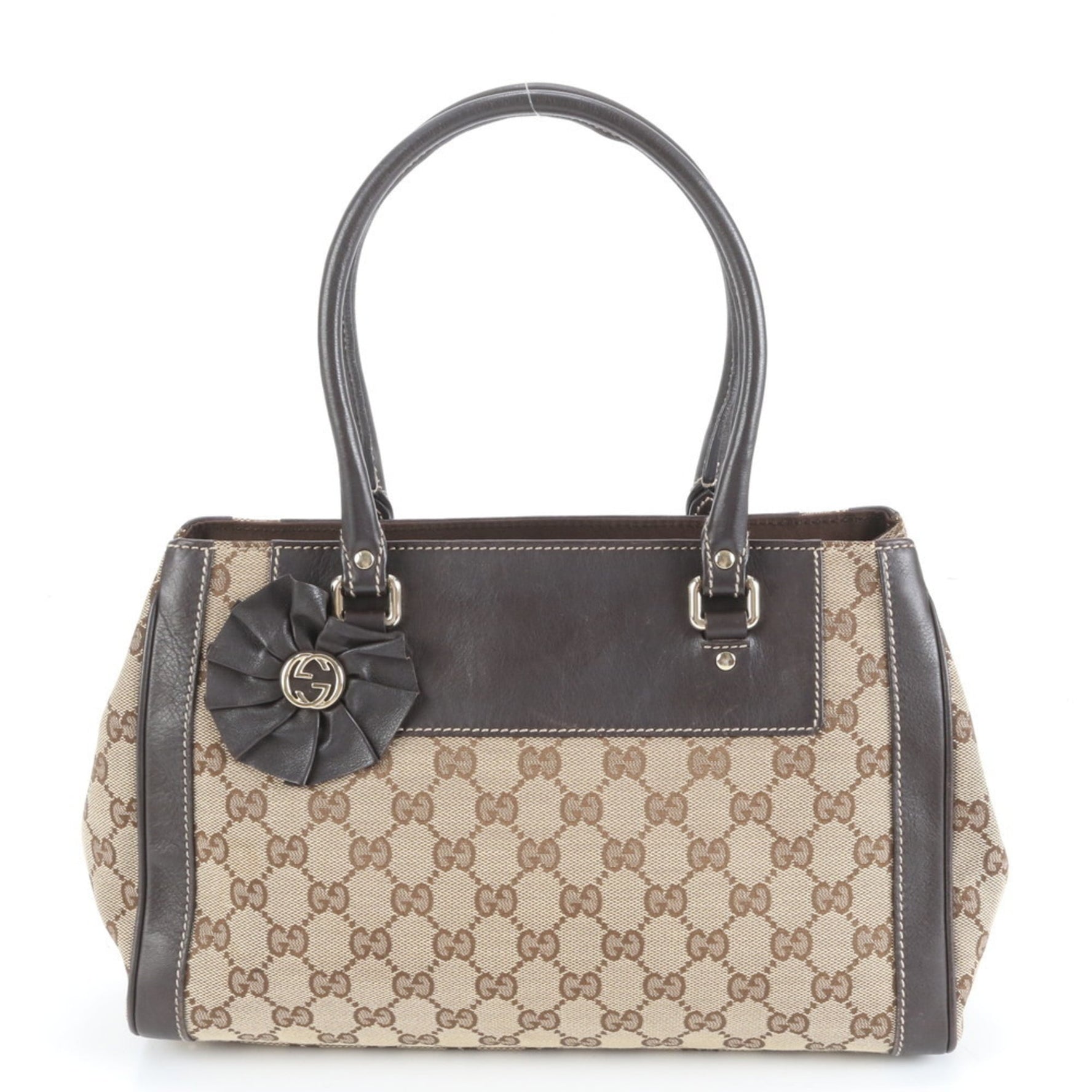 Gucci GG Canvas Interlocking G Flower Leather Tote Bag, Handbag, Brown