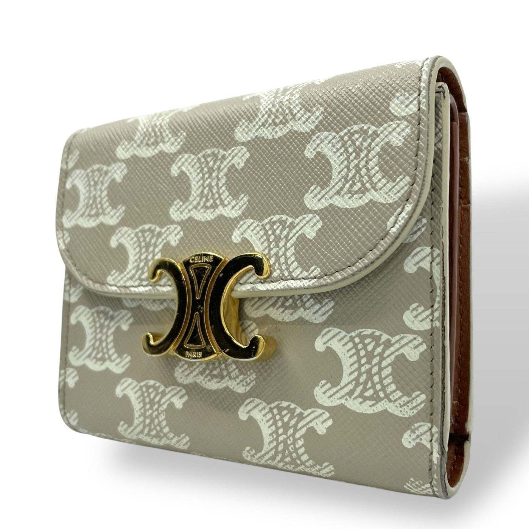 CELINE Triomphe Canvas Small Compact Wallet, Beige/White, Men's/Women's
