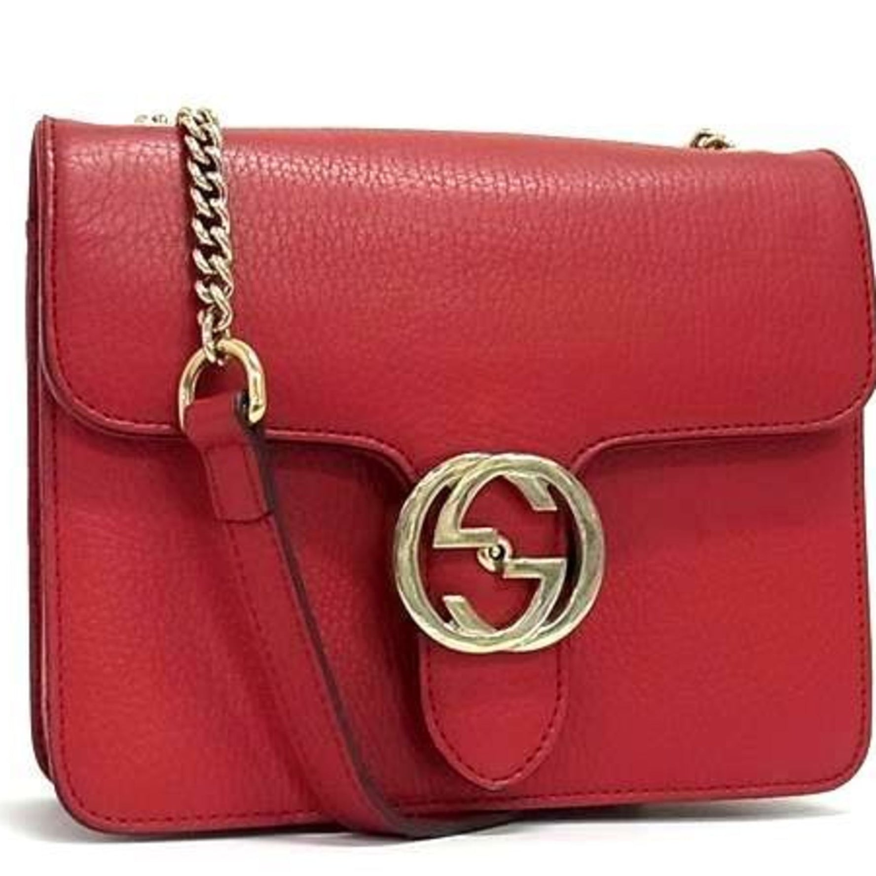 GUCCI Interlocking G Chain Shoulder Bag Red Leather