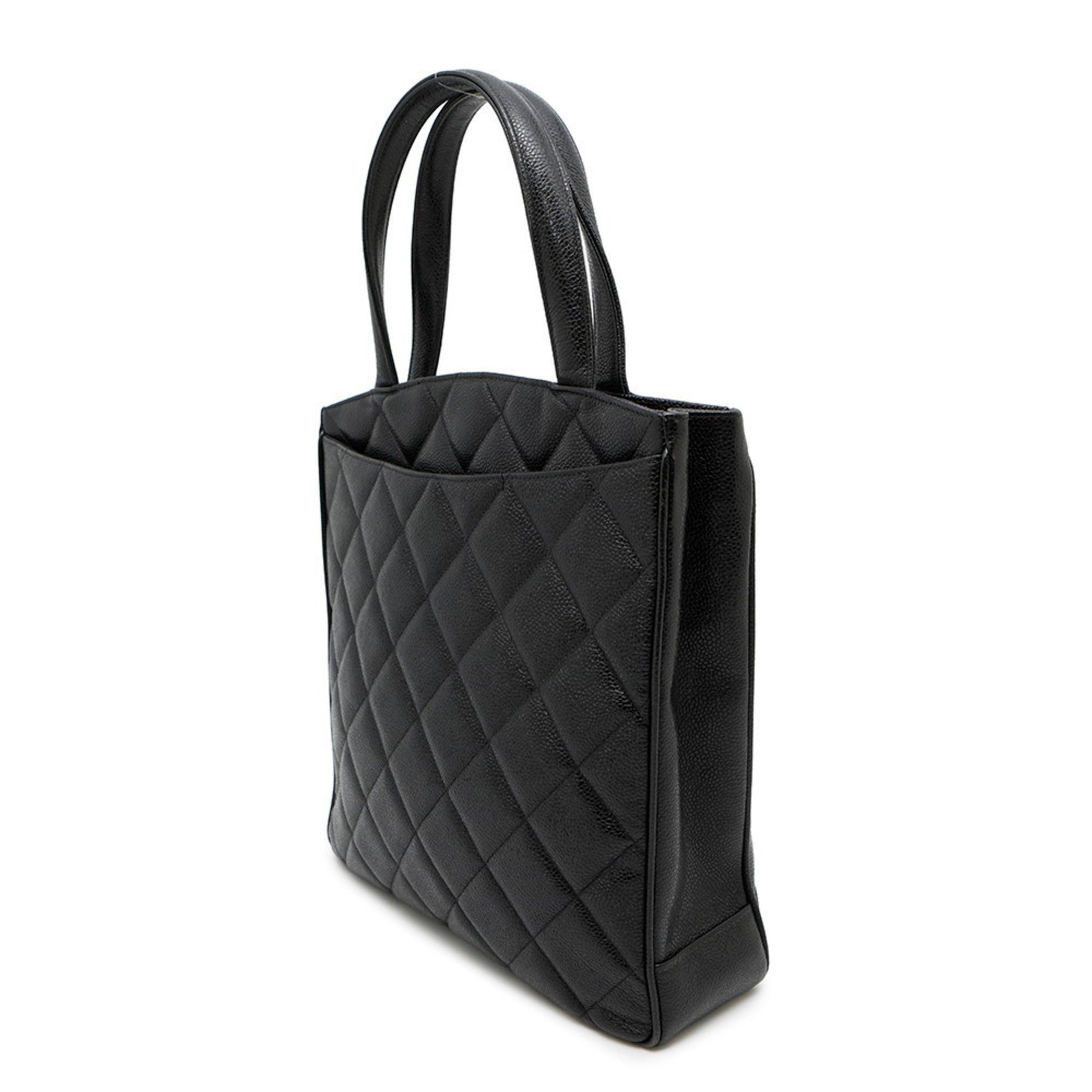 CHANEL Matelasse Coco Mark Caviar Skin Tote Bag, Deka Handbag, Black