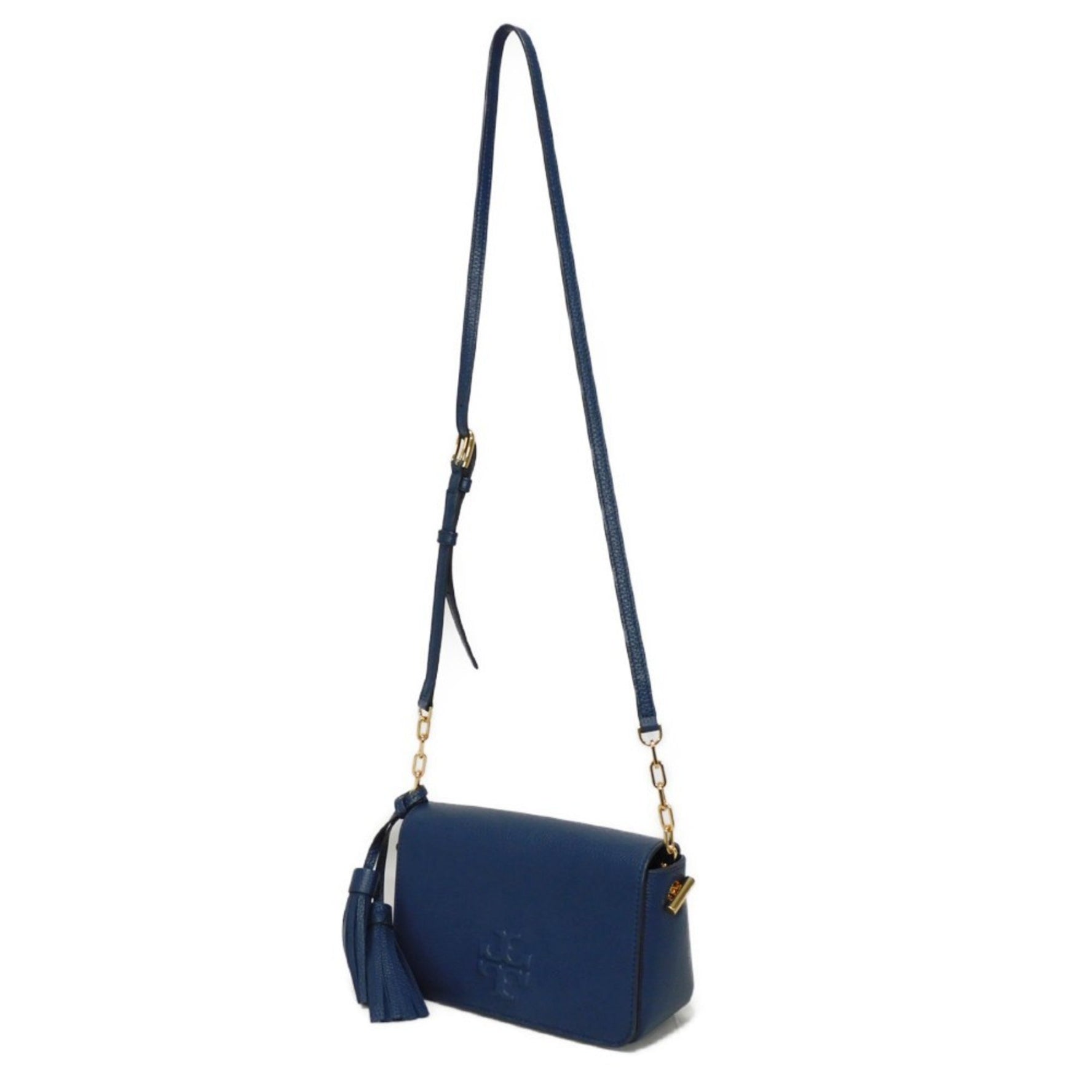 Tory Burch Thea Mini Shoulder Bag Tassel Crossbody Unused Double T Embossed Royal Navy Women's