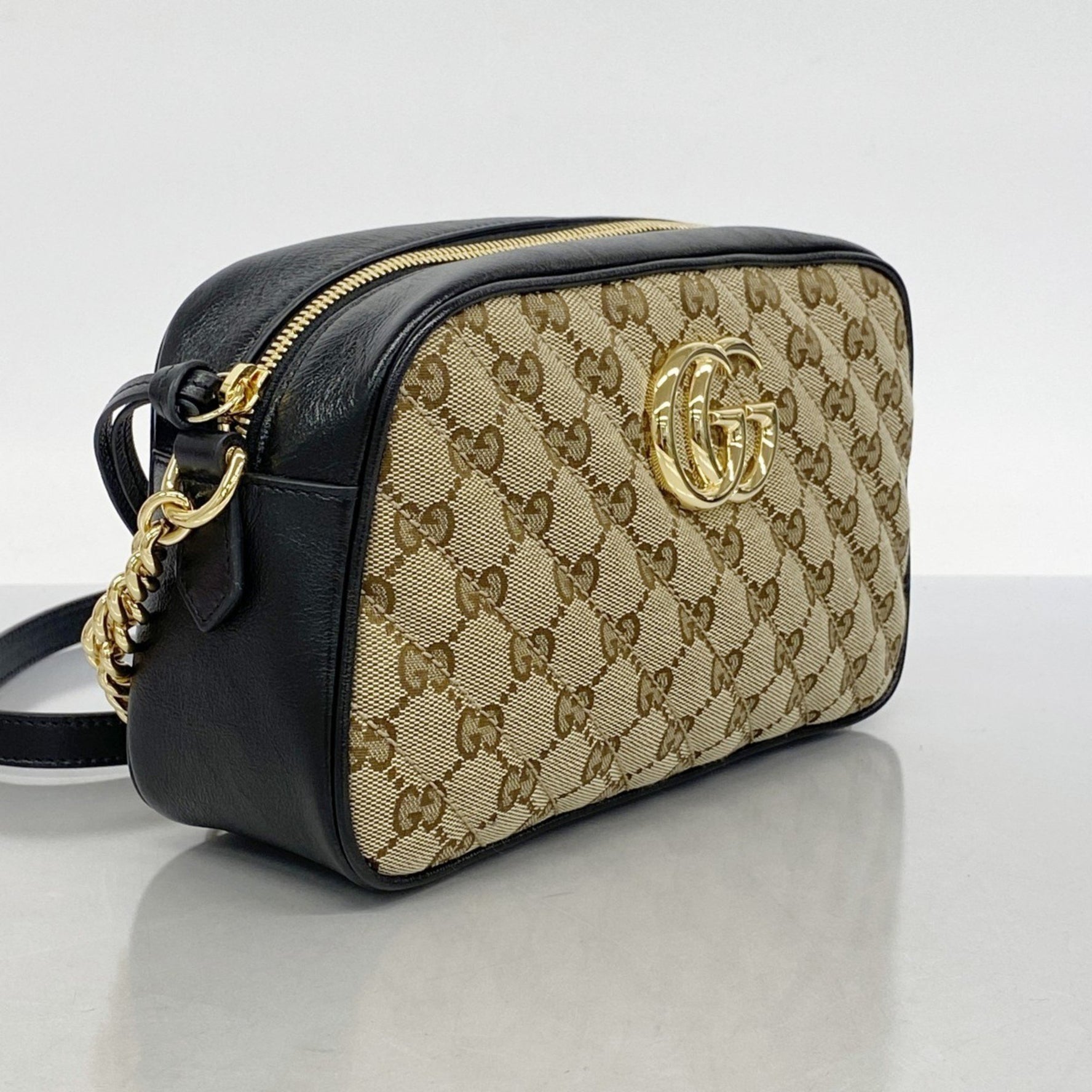 Gucci GG Canvas Shoulder Bag Marmont Leather Brown Black