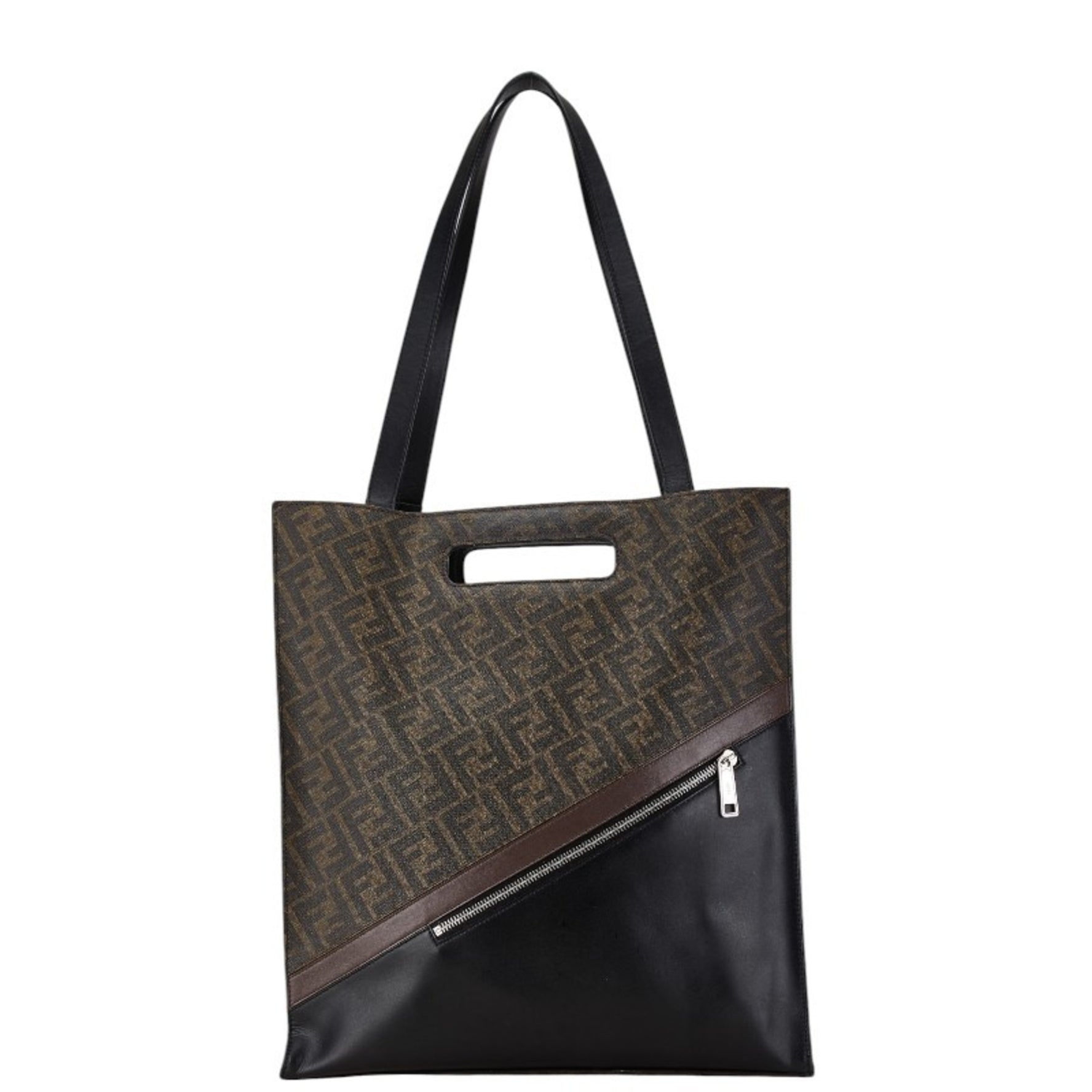 FENDI ZUCCA Handbag Tote Bag Brown Black PVC Leather