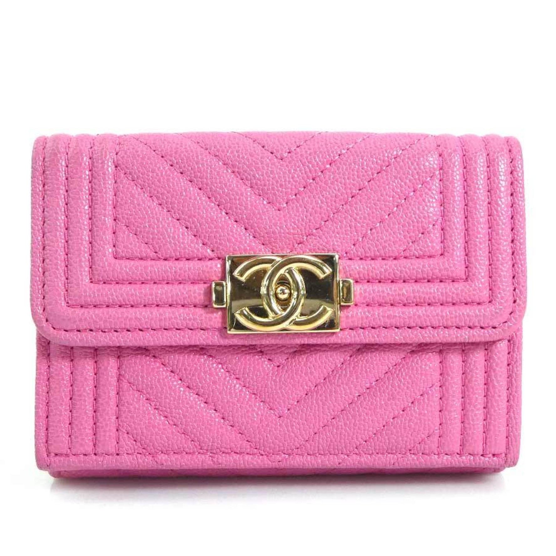 CHANEL Tri-fold Wallet Boy Chanel Caviar Skin Leather Pink Gold Women's 55847g