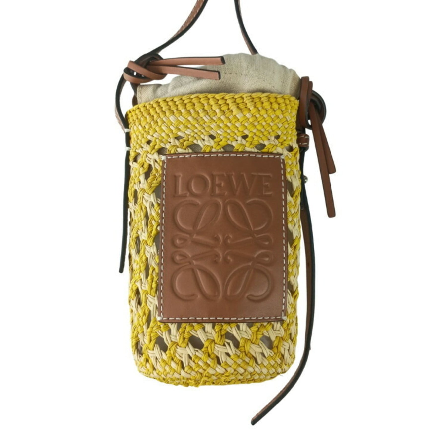 LOEWE Anagram Cylinder Pocket Shoulder Bag Yellow Brown Raffia Leather