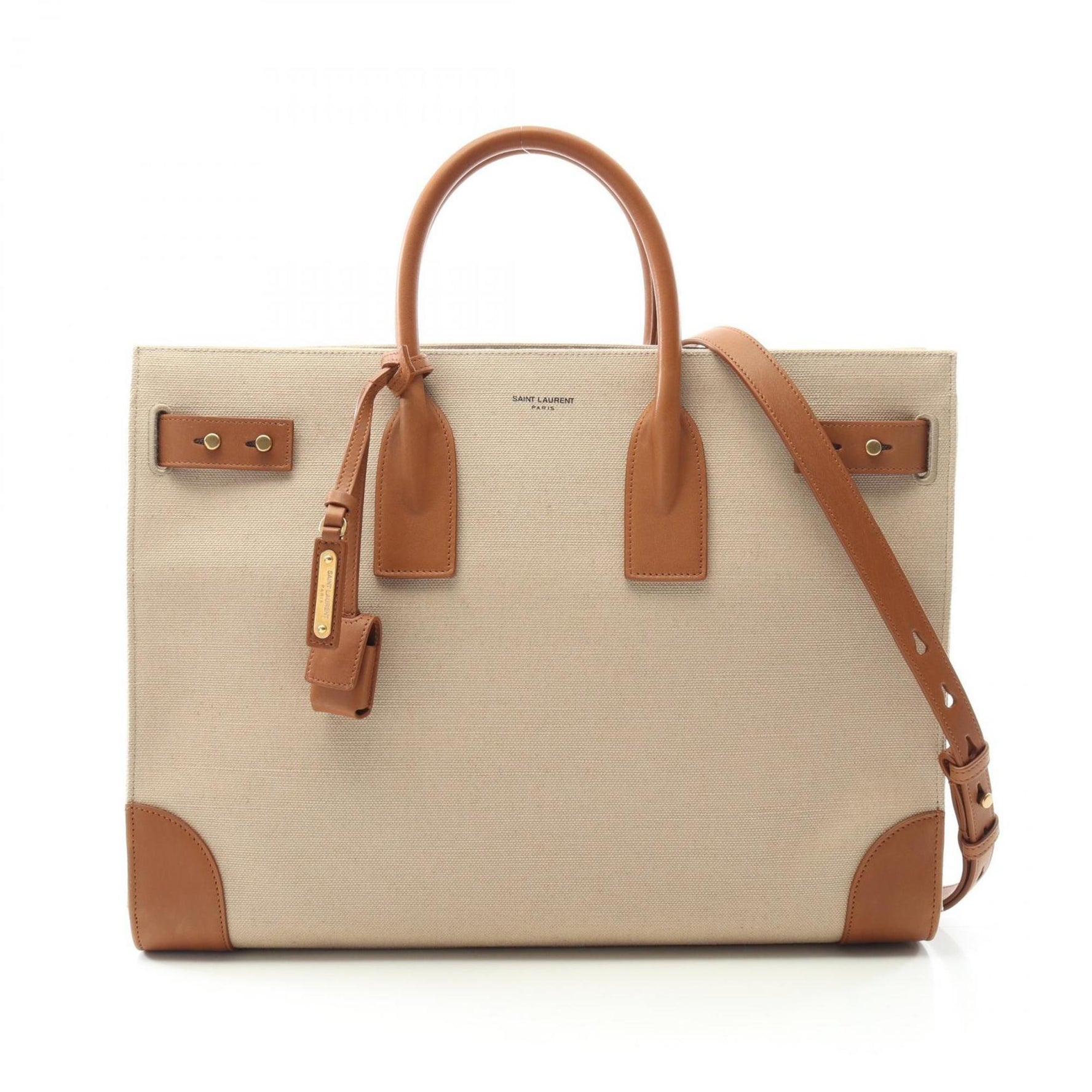 Saint Laurent Sac du Jour Thin Large Tote Bag Canvas Leather Women's Beige Brown 781934FAC7T9856