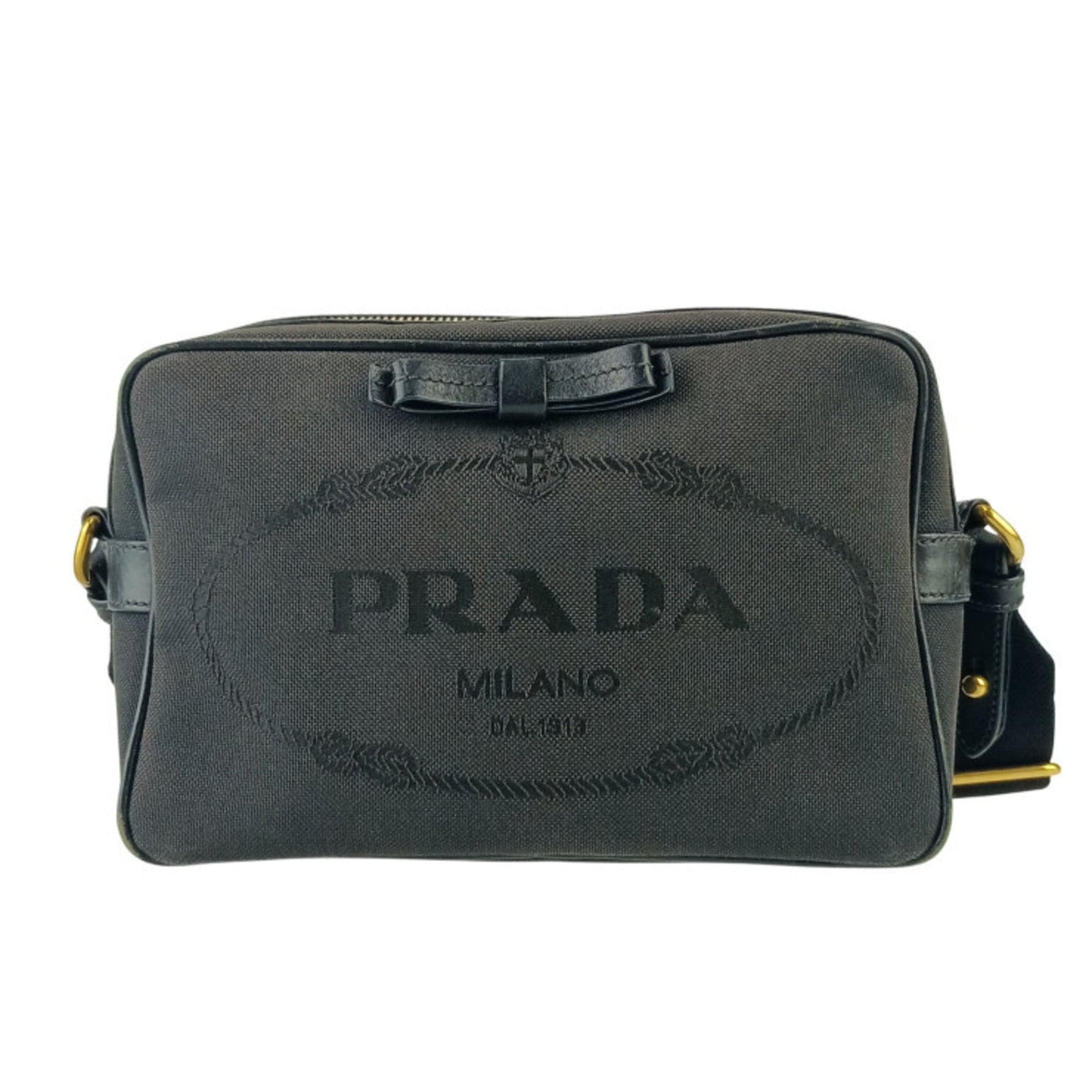 PRADA Crossbody Bag Jacquard Shoulder Canvas Leather Ribbon