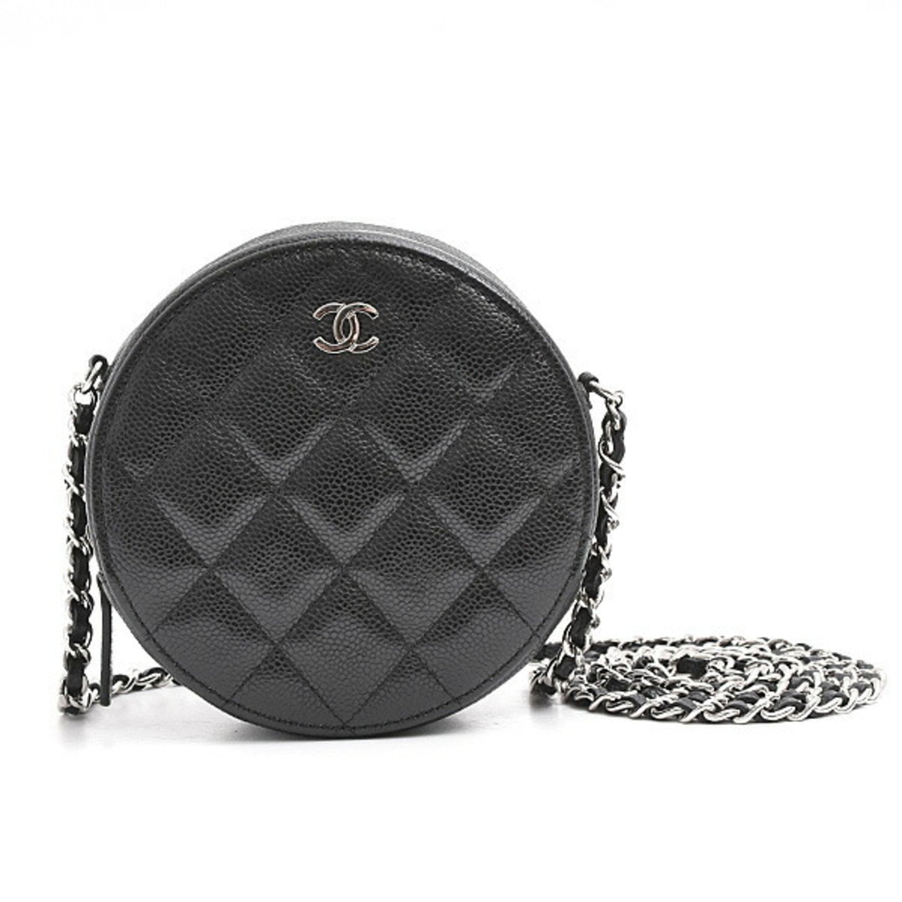 CHANEL Caviar Matelasse Round Chain Shoulder Bag Pochette in