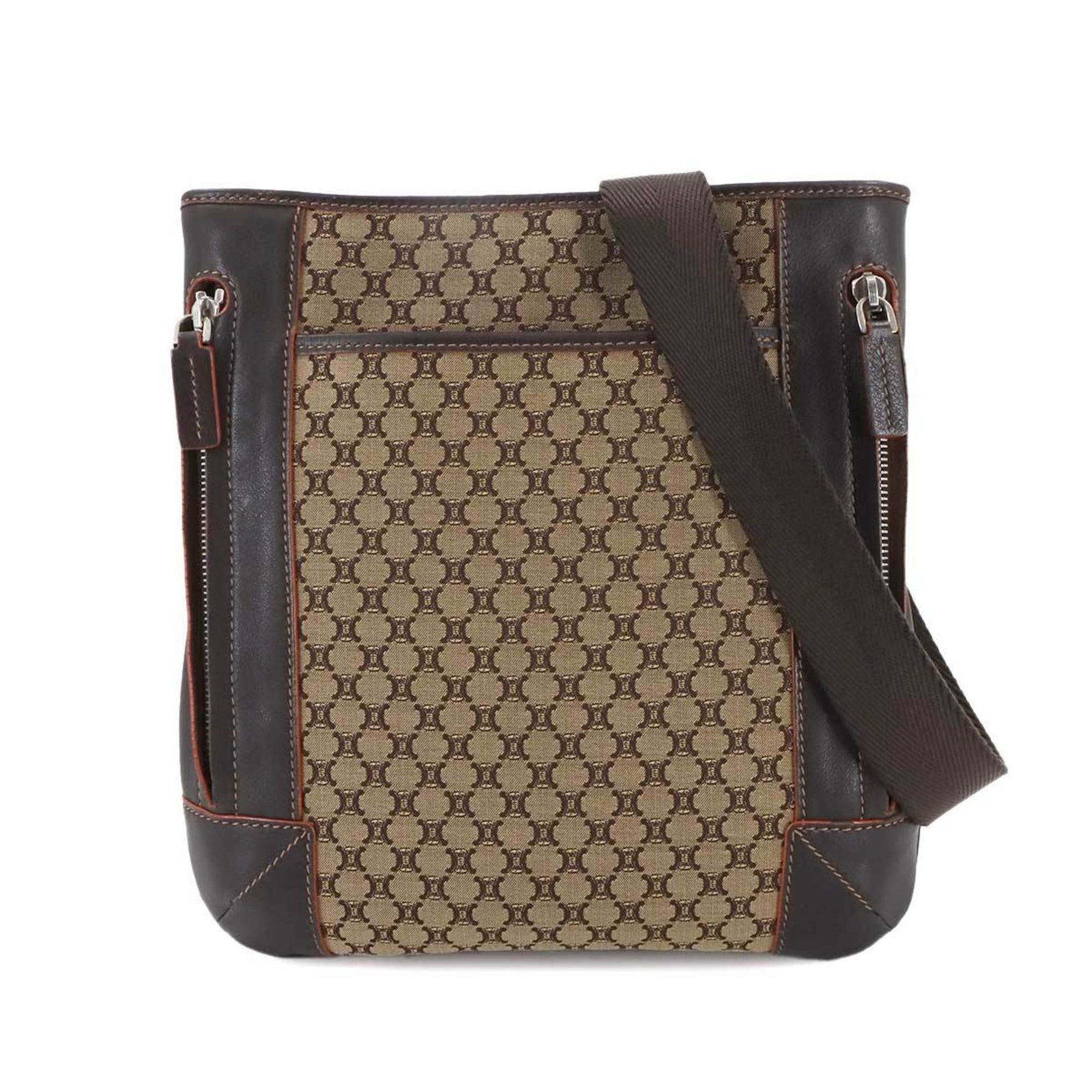 Celine Macadam Shoulder Bag in canvas and leather with beige, brown, silver hardware.