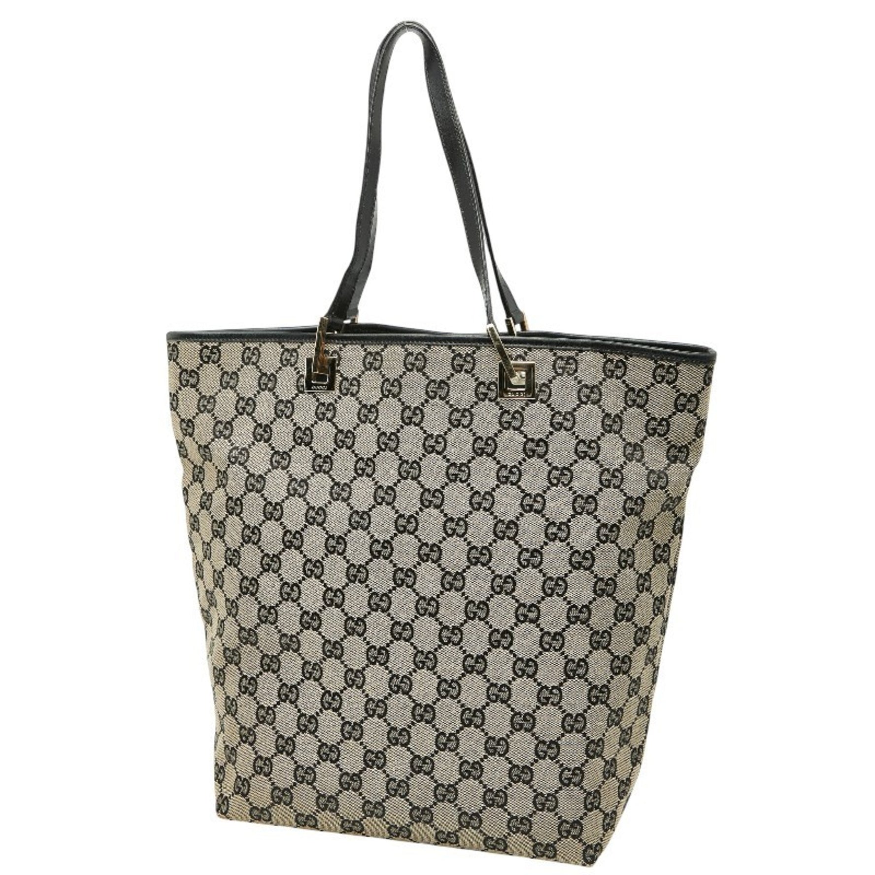 Gucci GG Canvas Tote Bag Handbag 002 1098 Beige Black Leather