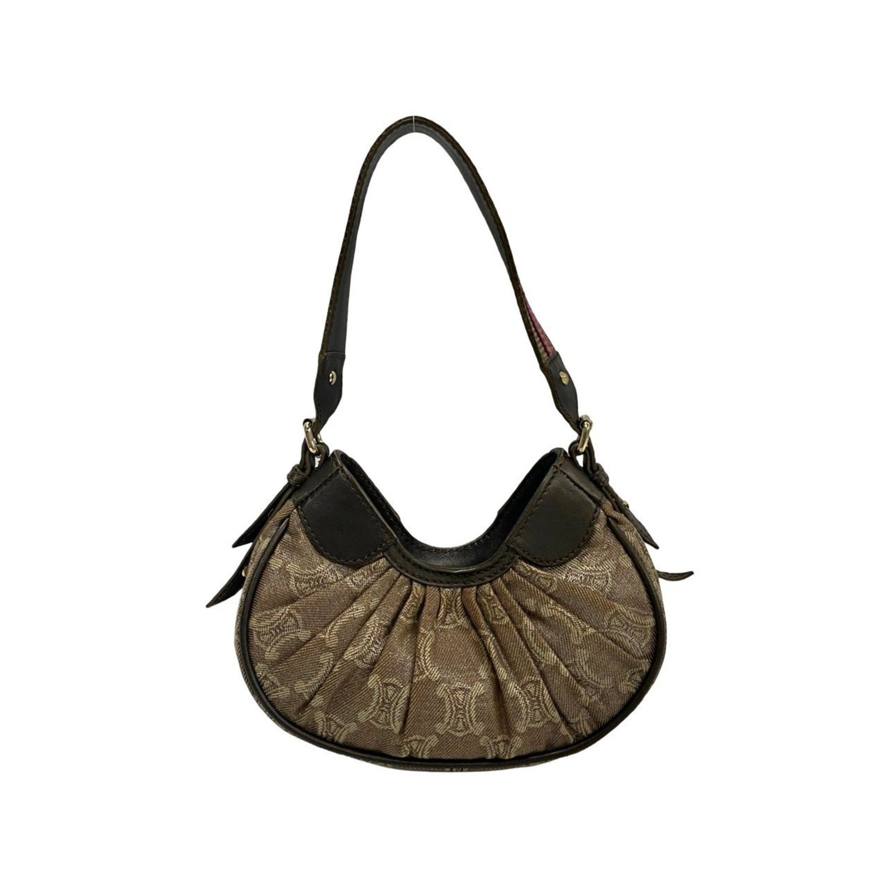 CELINE Triomphe Logo Leather Canvas Handbag Mini Tote Bag Brown 104-3