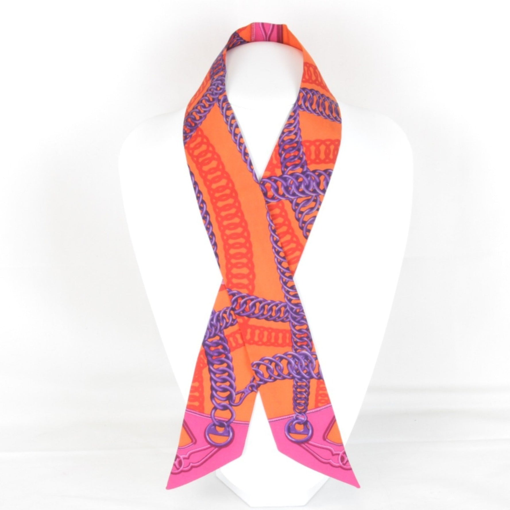 HERMES Twilly Chain Pattern Scarf Muffler Silk Vivid Color