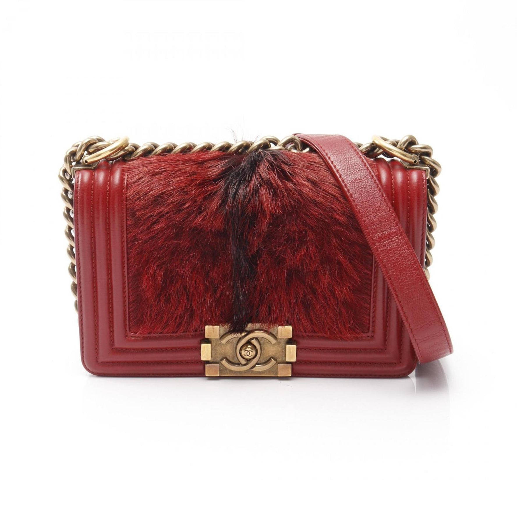 CHANEL Boy Small Shoulder Bag, Leather and Fur, Red