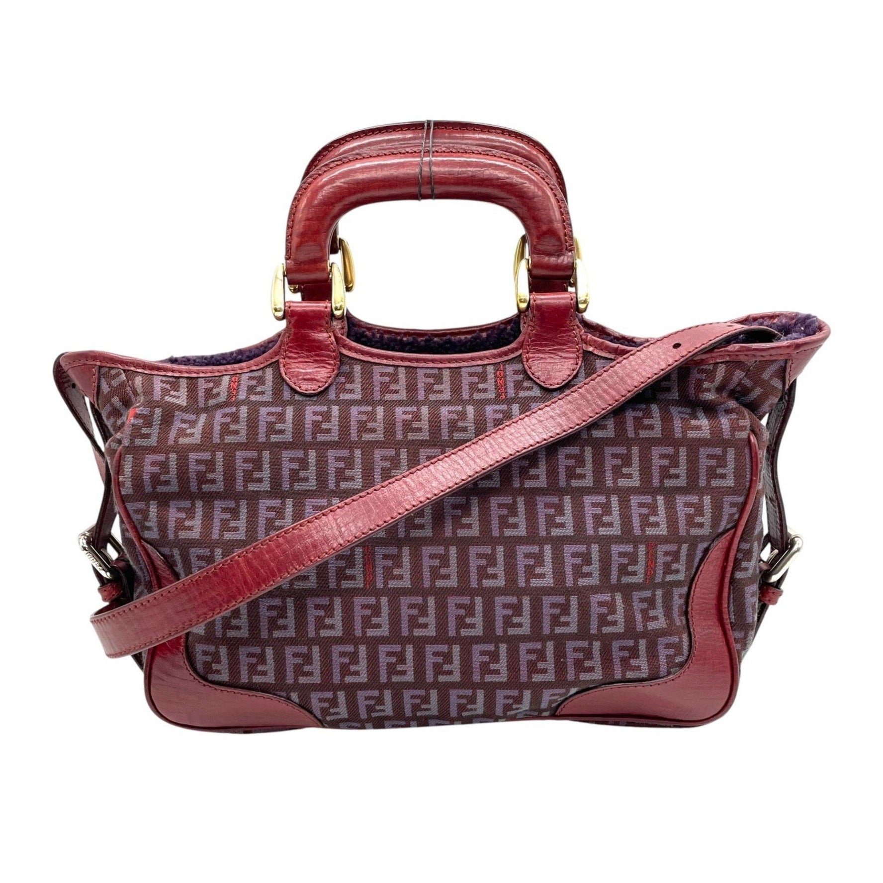 FENDI Zucchino 2-Way Handbag/Shoulder Bag in Red/Wine Red/Purple Canvas and Leather with Gold Hardware Zucca Pattern for Women