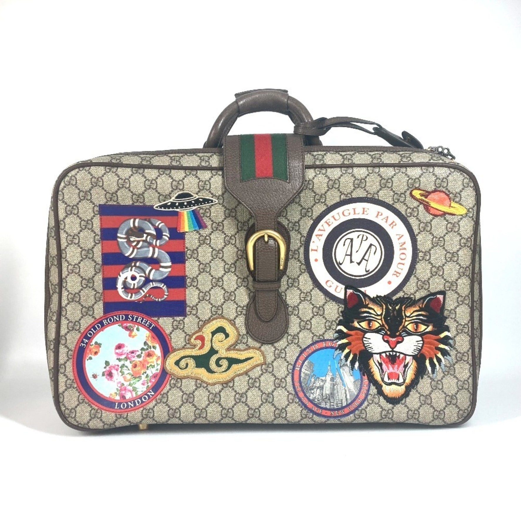 GUCCI GG Supreme Angry Cat Snake Patch Travel Bag in Beige Canvas