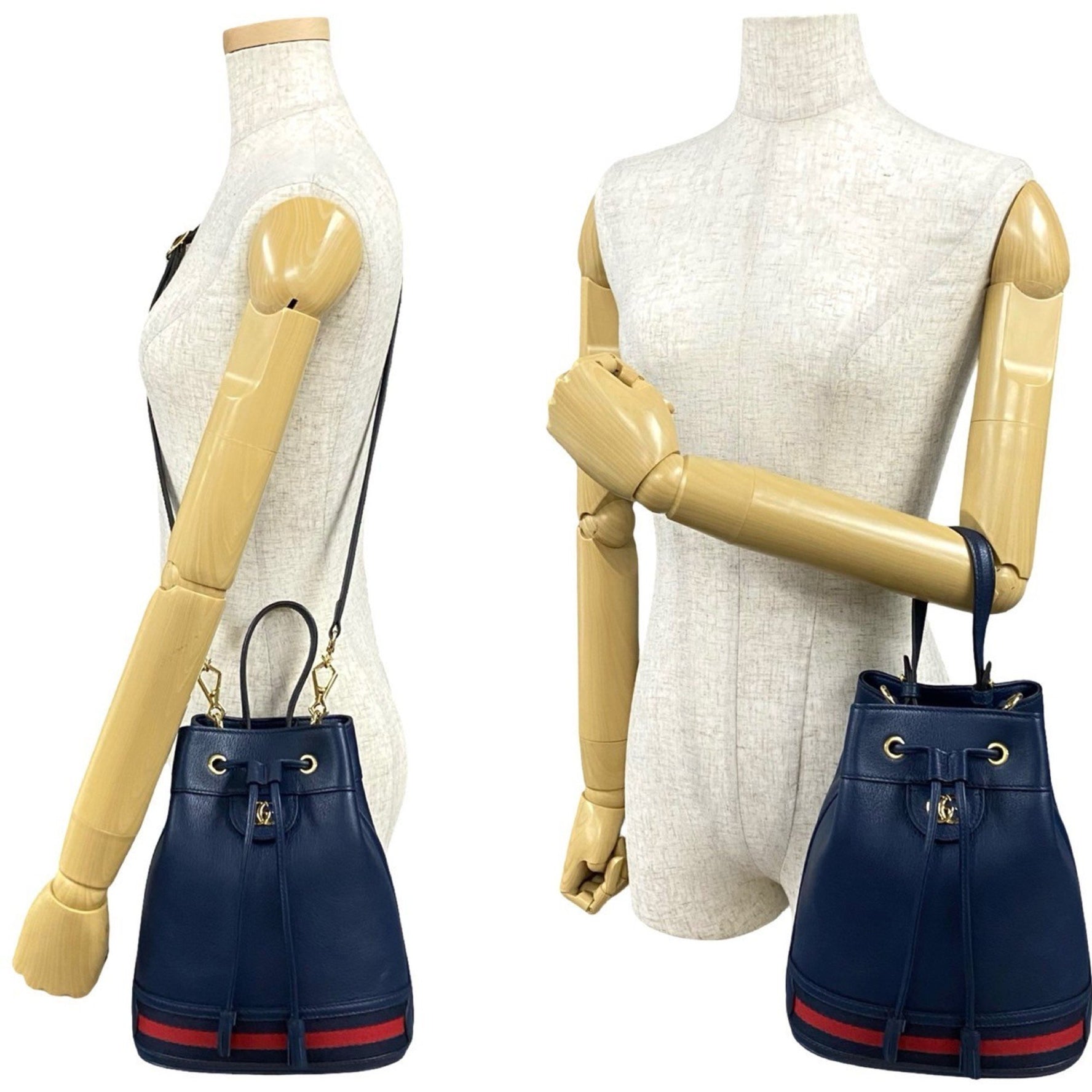 GUCCI Offdia Small Bucket Bag with GG Logo, Leather, Drawstring, Handbag/Shoulder Bag, Navy