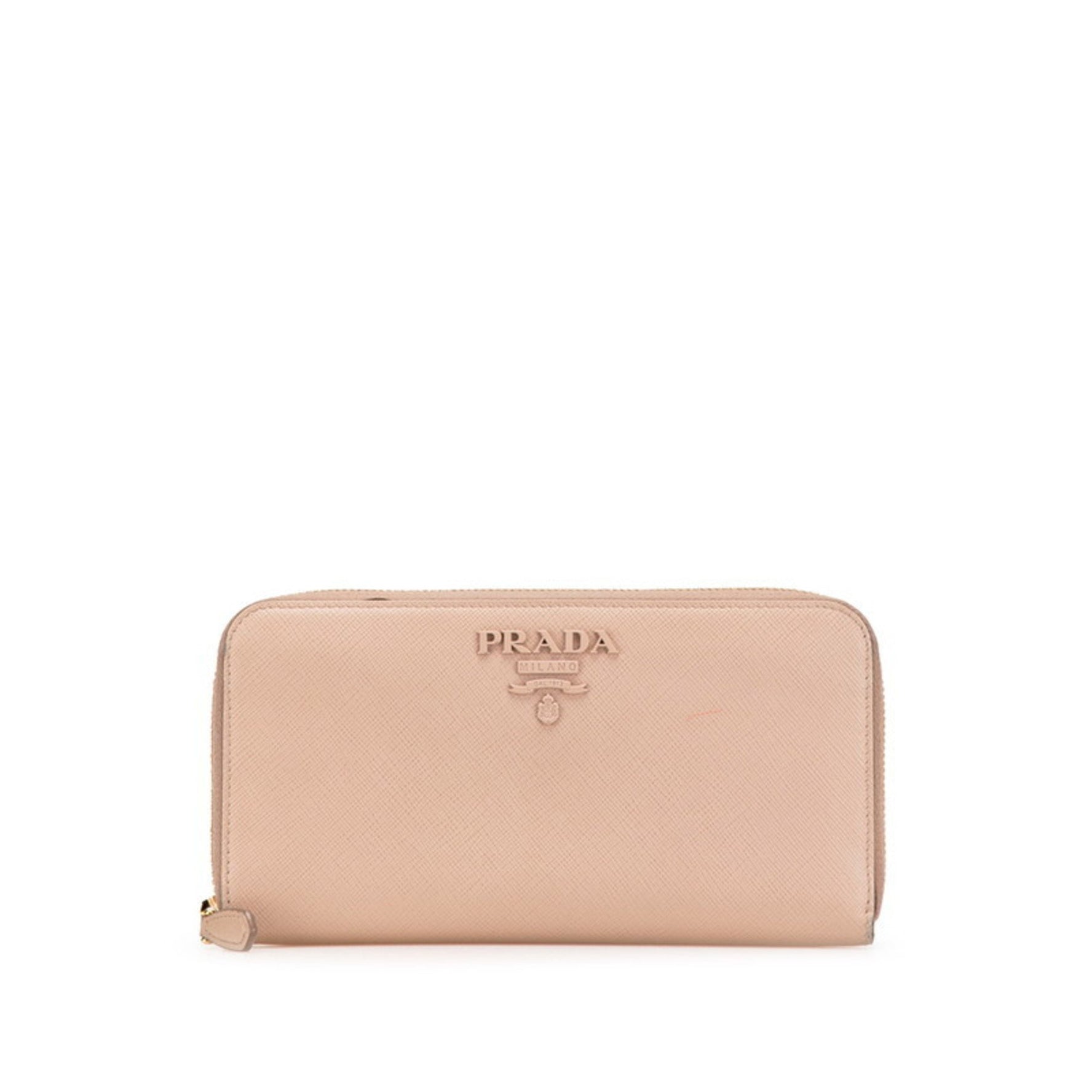 Prada round zipper long wallet in beige and pink Saffiano leather .