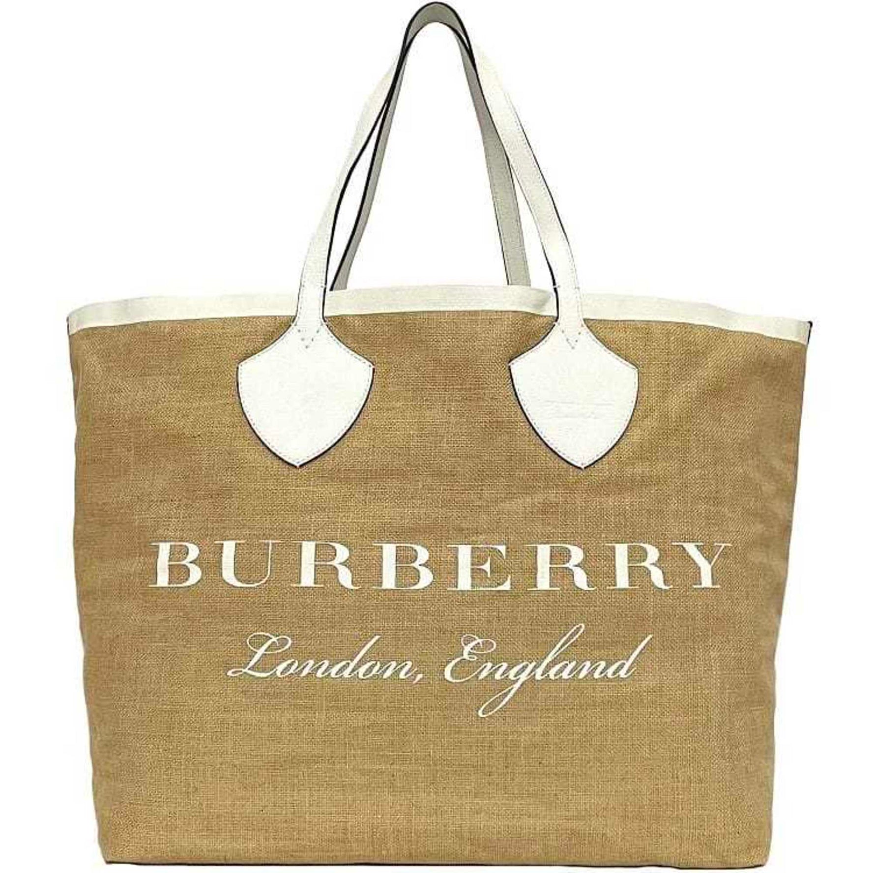 Burberry Tote Bag ec-23272 White Natural Beige Raffia Leather BURBERRY Large Big Print Men's Women's