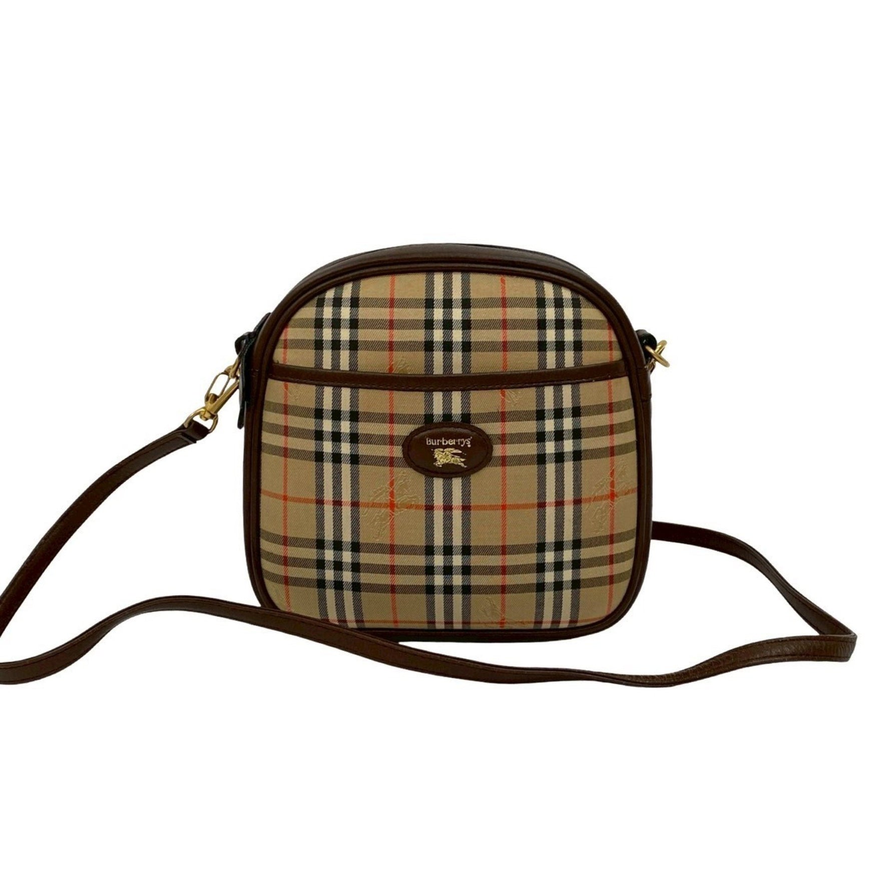 Burberry's Shadow Horse logo Nova check canvas and leather shoulder bag in beige brown