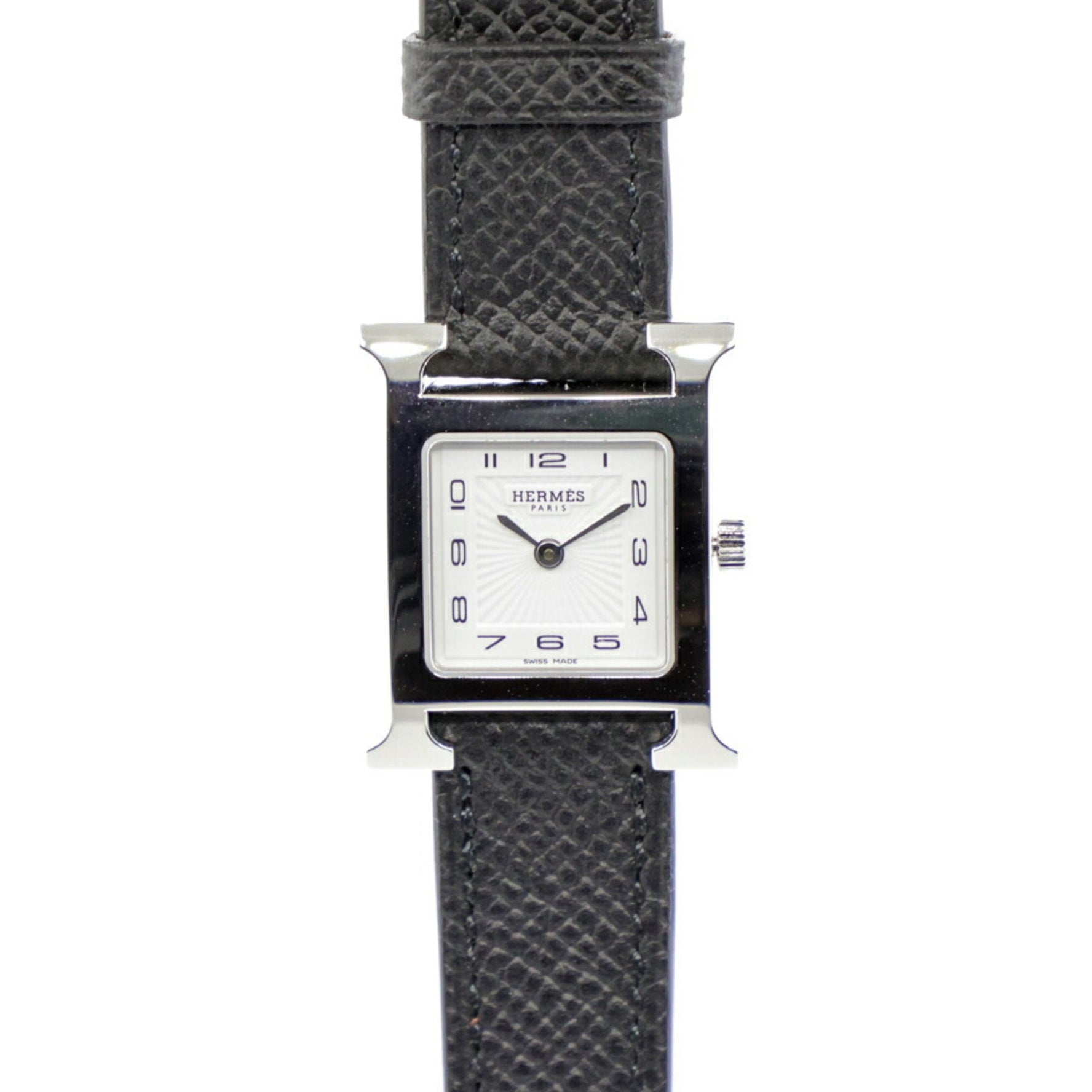 Hermès H Watch, white dial, stainless steel, leather, quartz movement, silver and black, watch, S 1595