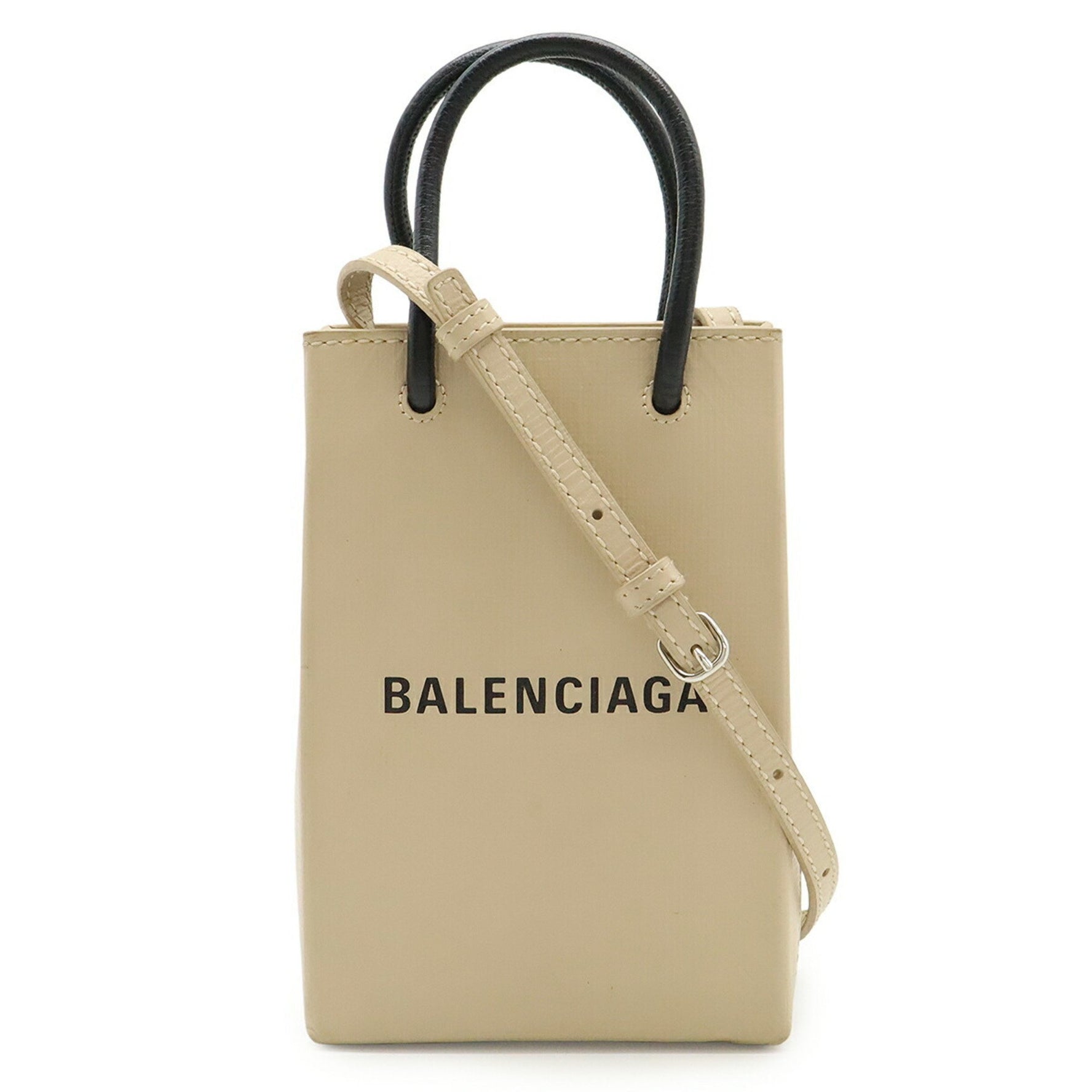 BALENCIAGA Phone Holder Shoulder Bag Pochette Smartphone Case Leather Beige