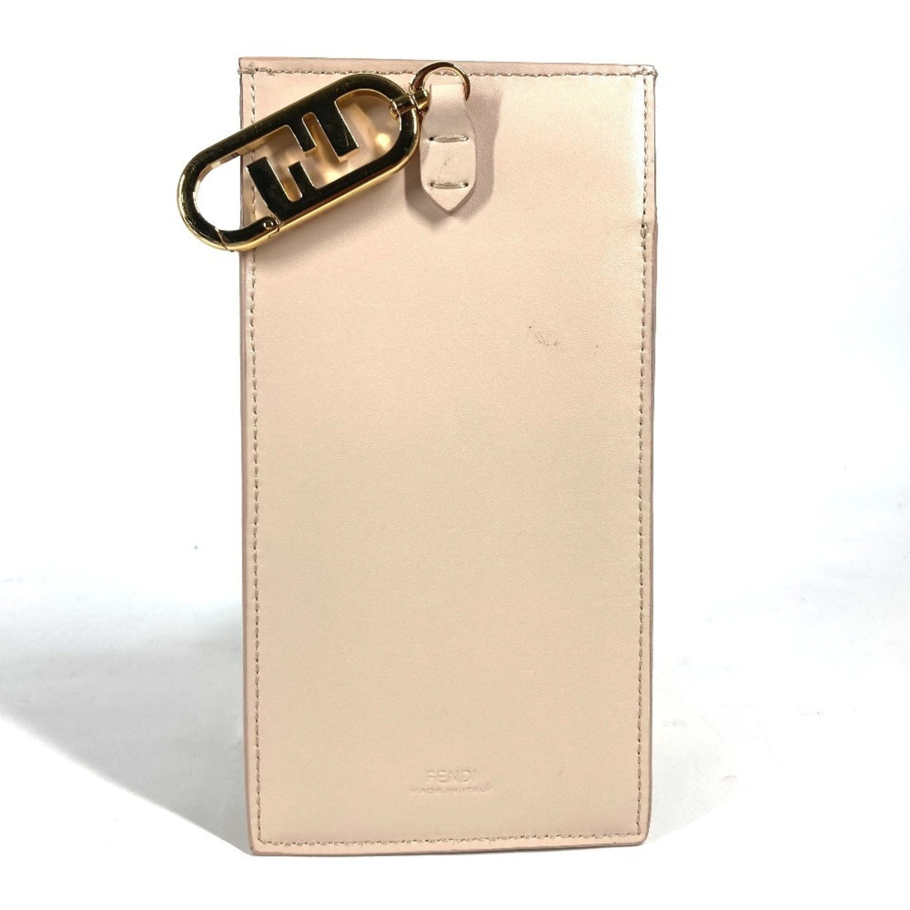 FENDI Smartphone Case Phone Pouch Bag FF Logo Fur Charm Leather Women's Beige