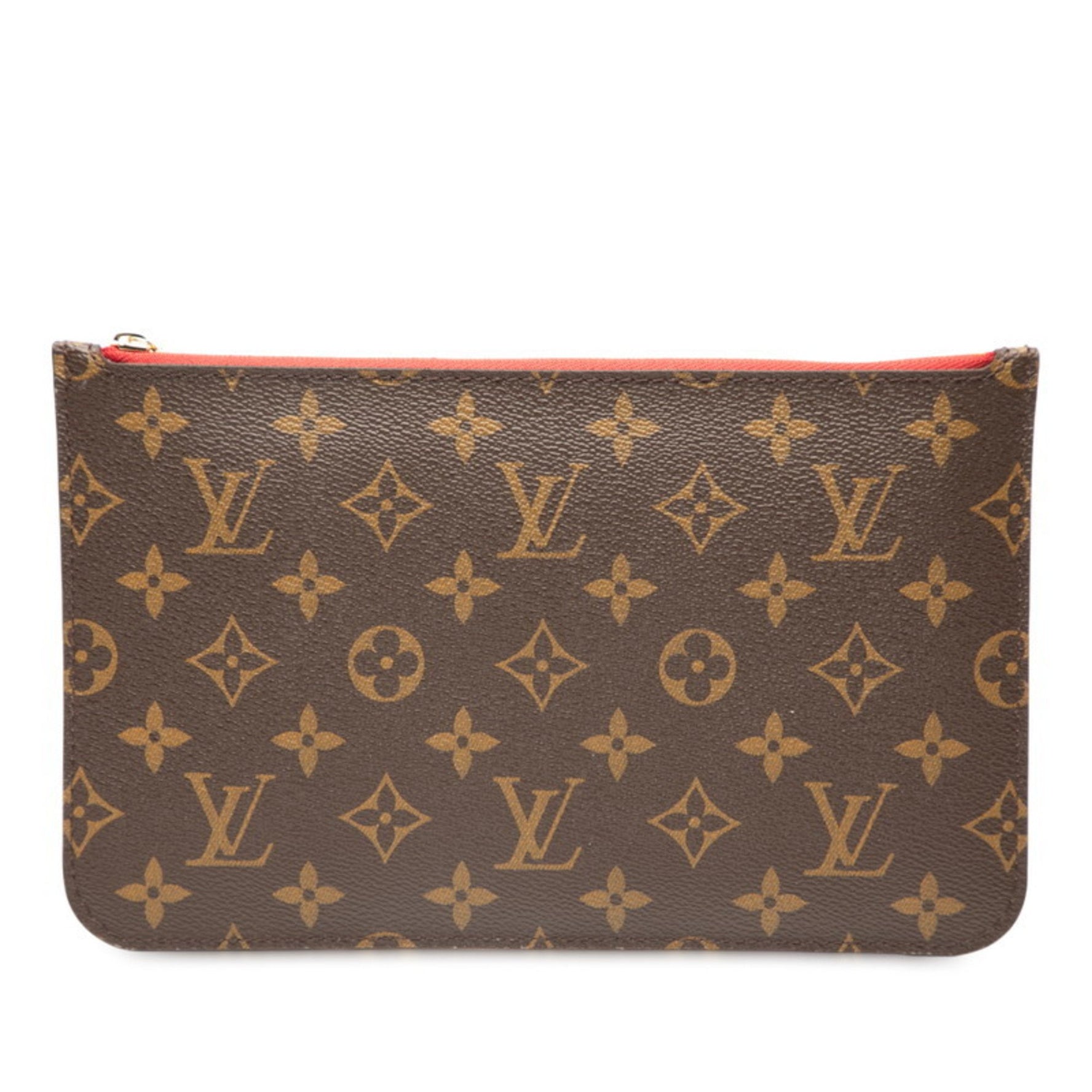 Louis Vuitton Monogram Neverfull MM with attached pouch in brown and red.