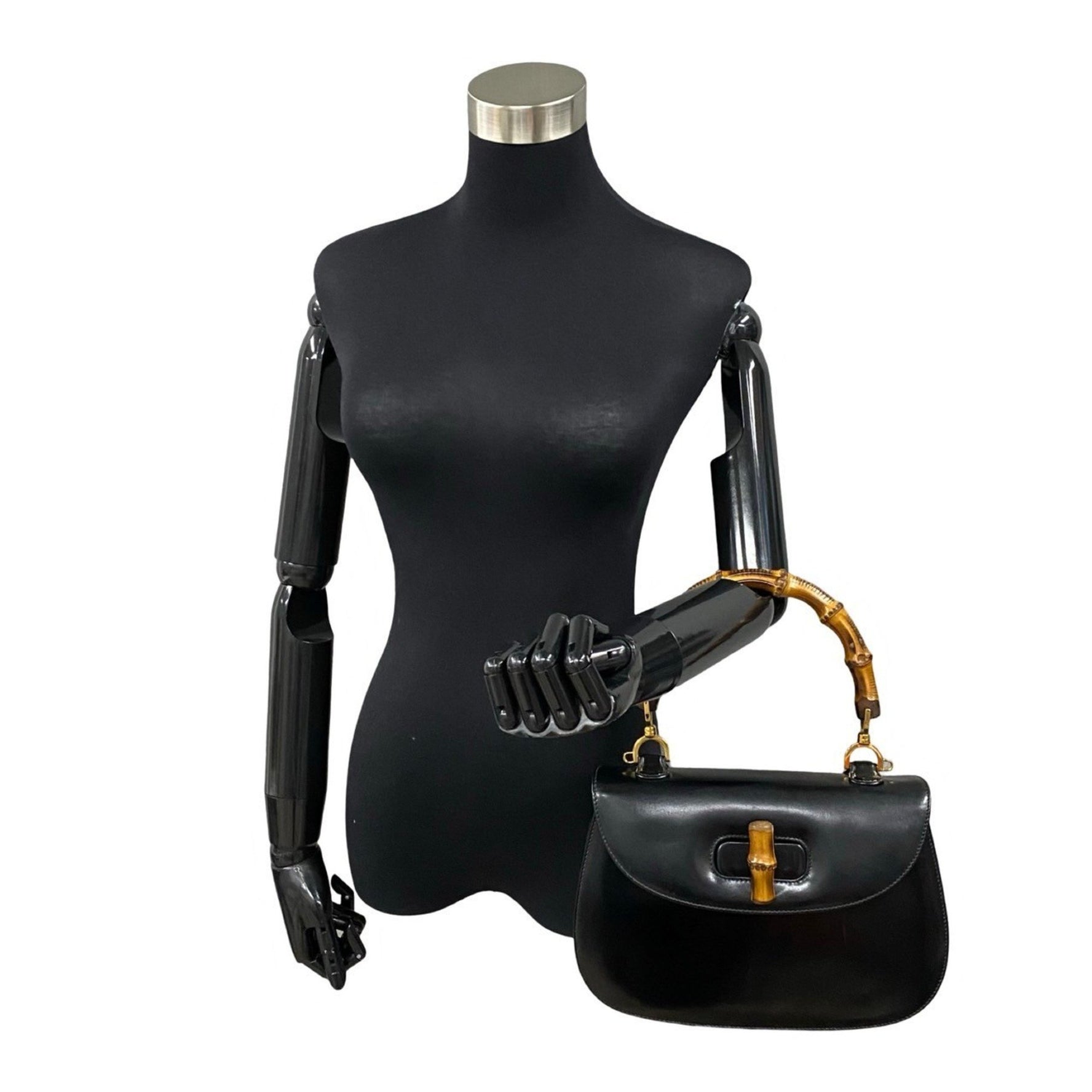 GUCCI Old Gucci Bamboo Leather Turnlock Handbag Mini Tote Bag in Black -9702