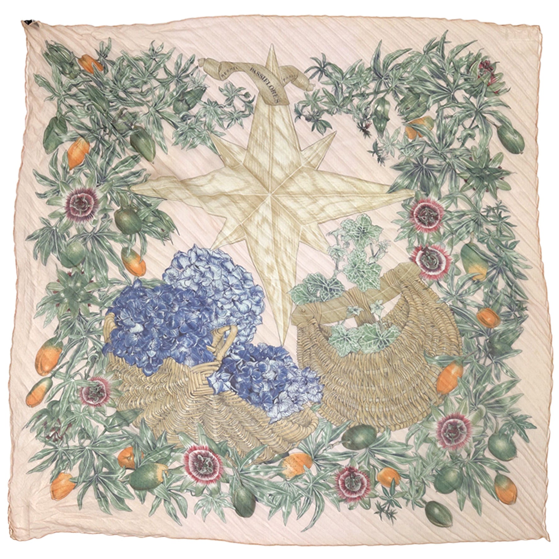 Hermes Hermès PASSIFLORES Passion Flower Scarf, Pleated Carré, Silk, Pink, Multicolor, Pink and Beige, Plant Fruit Design, Sheer, Transparent