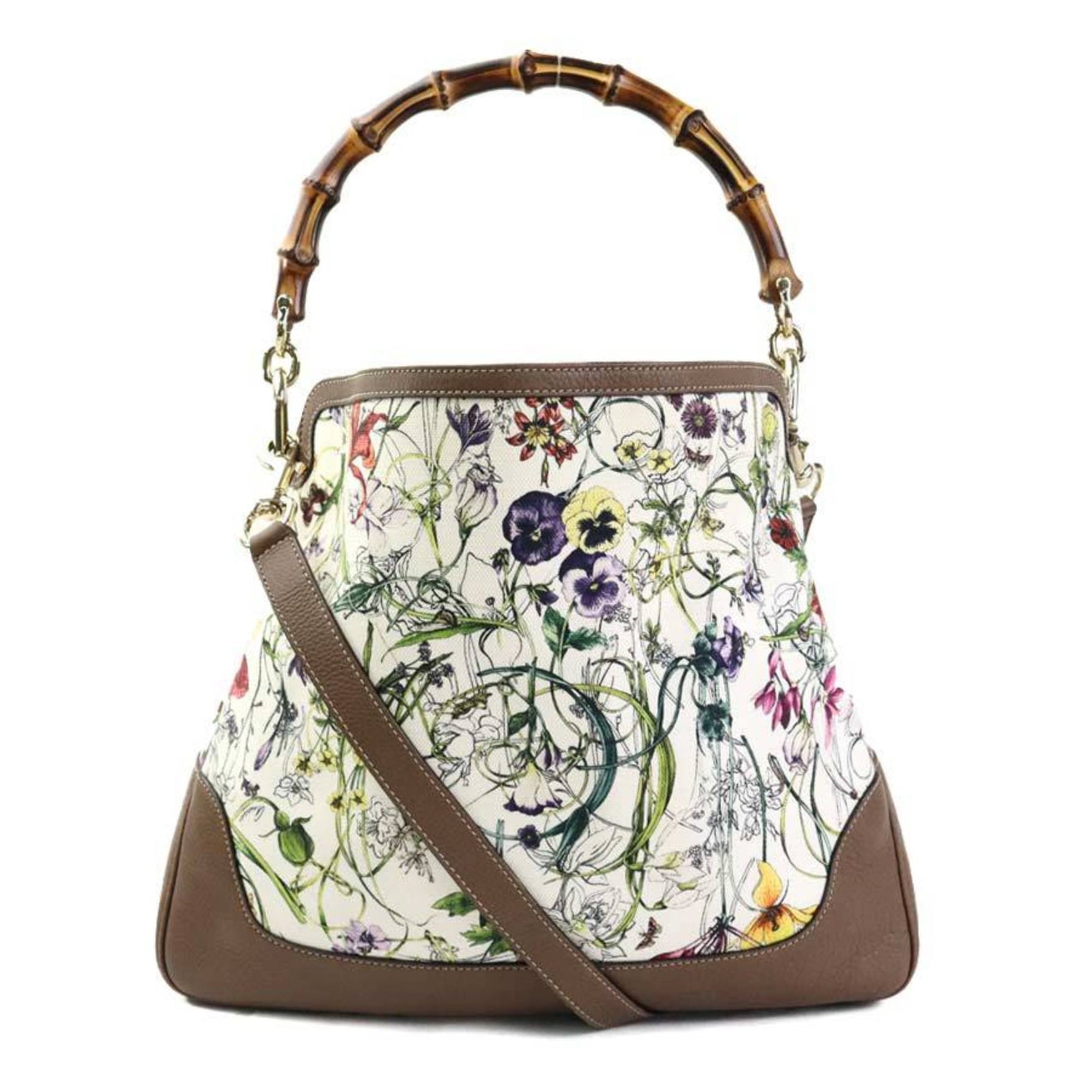 GUCCI Handbag Shoulder Bag Bamboo Flora Canvas Leather Brown x Ivory Multicolor Women's t19650g